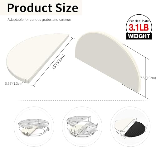 Miniatura 2 de Gyykzz Half Moon - Platos deflectores de calor de cerámica, piedra de pizza de 15 pulgadas, perfectos para Kamado Joe Classic I, II, III, accesorios