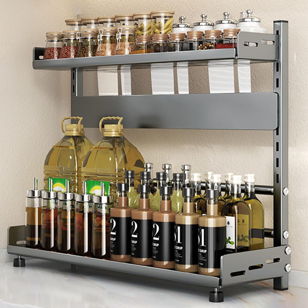 Wemune 2 Tier Kitchen Spice Rack for Countertop, Metal Standing Kitchen Storage Organizer Shelf, Counter Spice Shelf for Spices, Cans, Jars, Kitchen Utensils,Gray,50cm