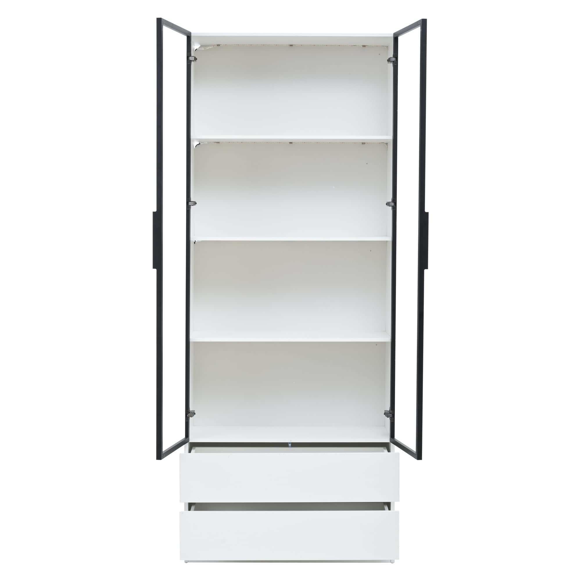 Vitrina, 80 x 34 x 200 cm, armario alto con luces LED, armario auxiliar para salón con 2 puertas, armarios de vitrina con 2 cajones, estantería, estantería, estante de exhibición, marco de