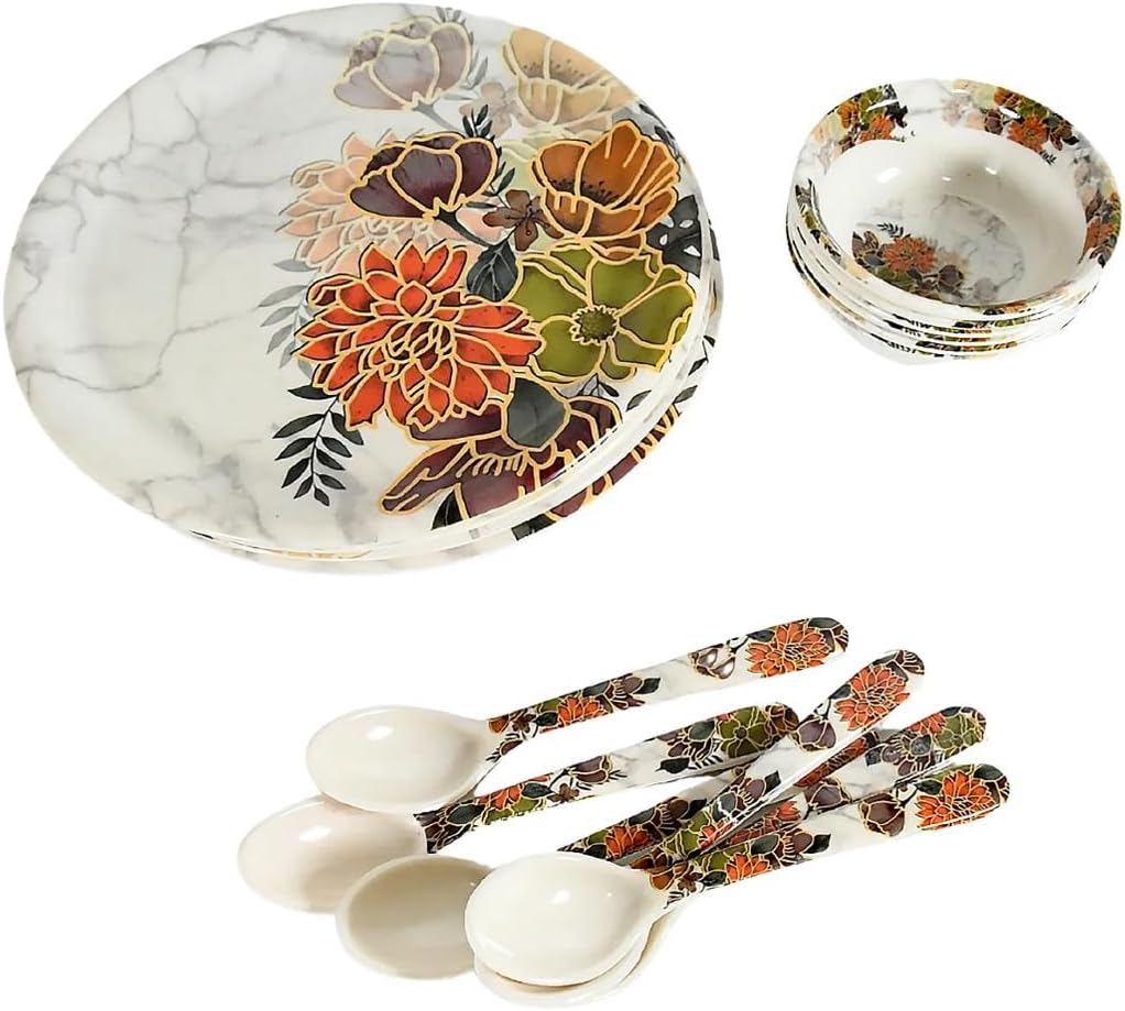 Melamine Dinnerware Set with Floral Design, Marble Pattern, Includes Plates, Bowls, and Spoons
