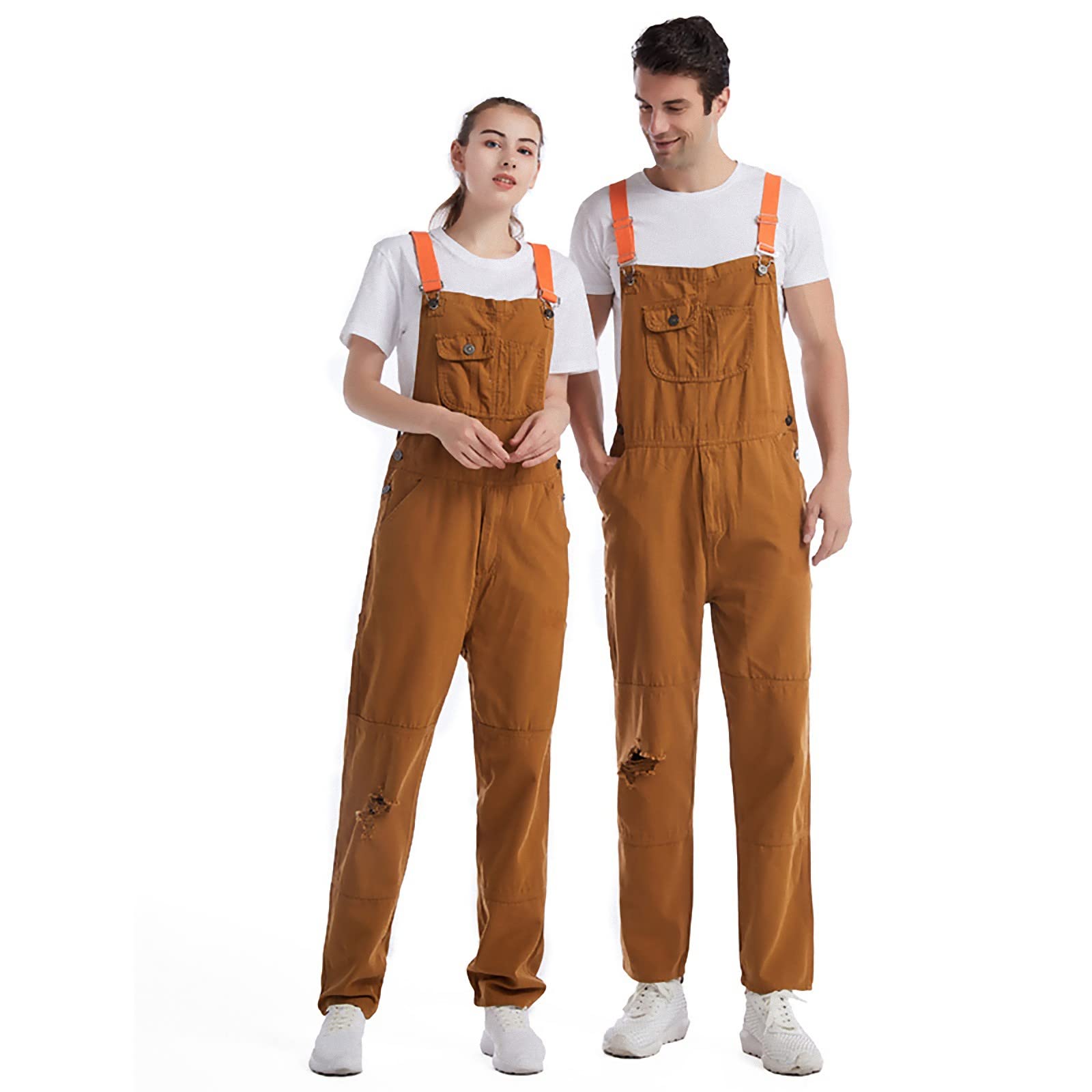 Couples Denim Bib Overalls Brown Classic Straight Pants Jumpsuit Dungarees with Multi-Pocket