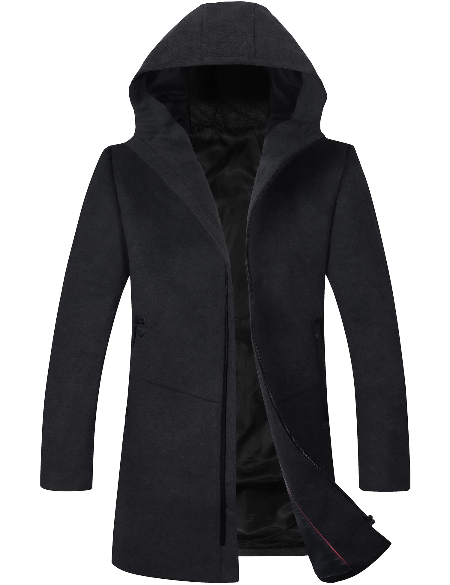 ELETOP Men's Coat 80% Wool Content Classic Hooded Jacket Winter Trench Coat 1812 Black XS