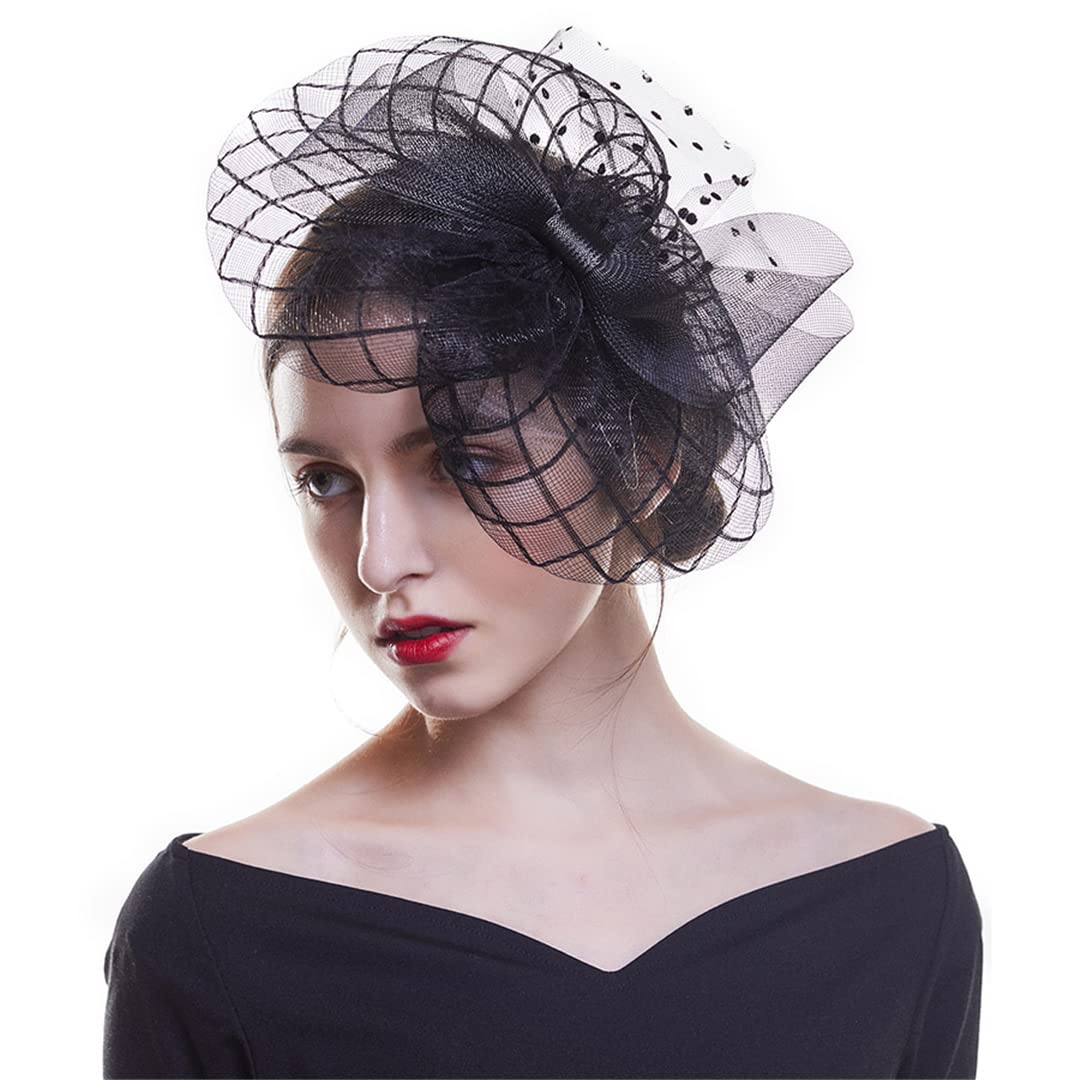 Cappello da donna con fiori, nastri in rete e piume, fascia for capelli o fermaglio for cocktail e tè.,Fermagli per capelli con fiori e piume(9063)
