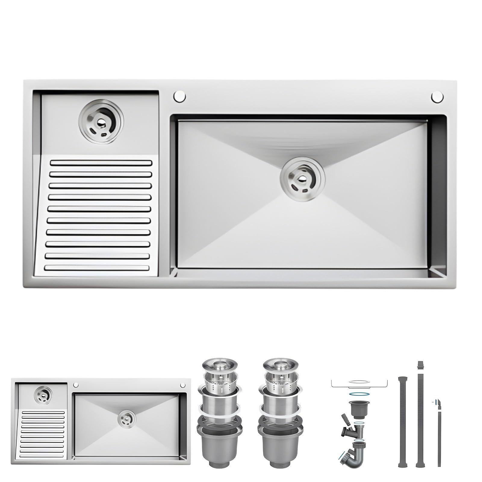 SUS304 Stainless Steel Laundry Sink with Washboard | Drop-in & Undermount Installation | Double Bowl Utility Basin for Balcony, Basement, Garage | Brushed Finish, Drain Kit Included(Left,90x48cm)