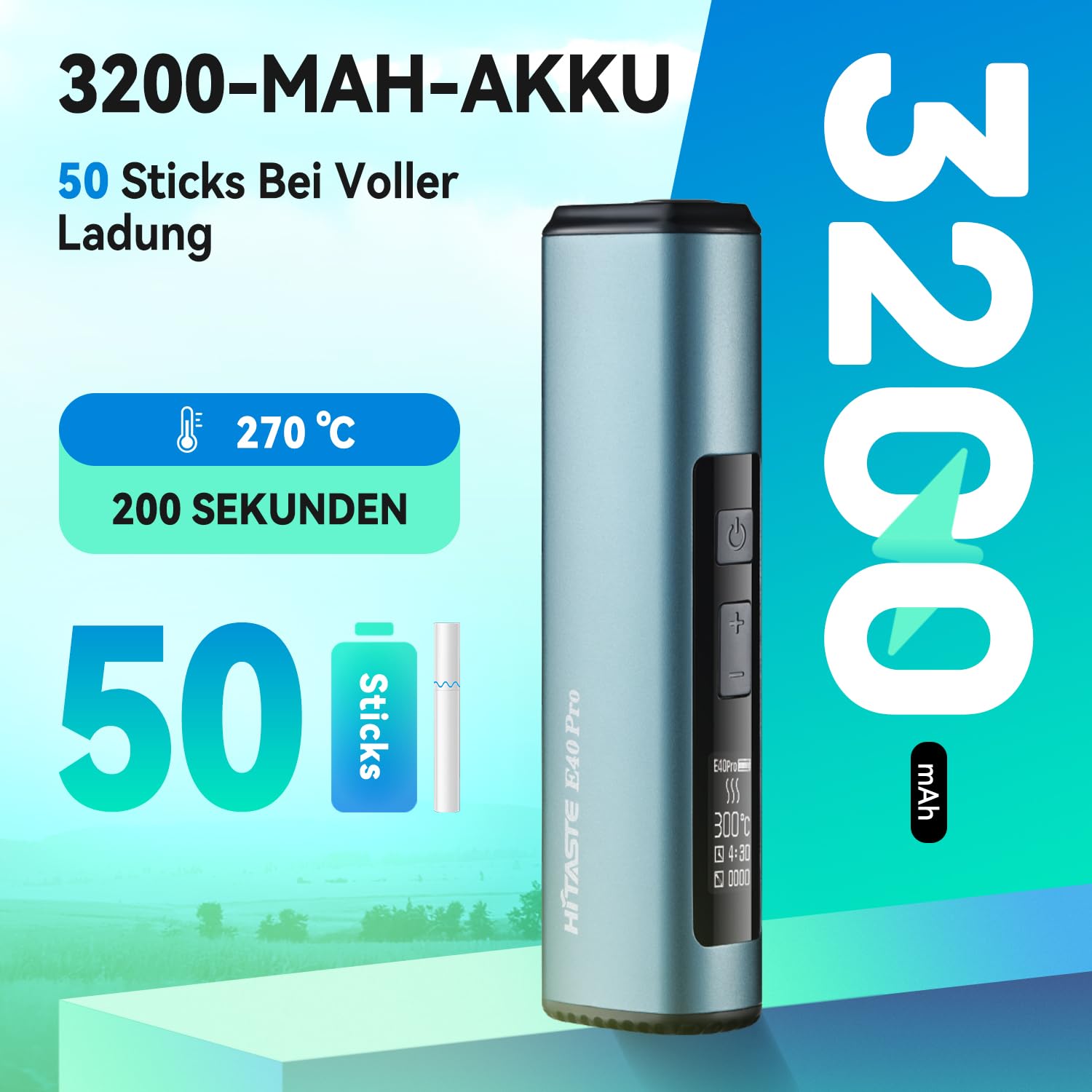 HI TASTE E40 Pro Tabakerhitzer Kompatibel mit IQOS ILUMA TEREA, Großartiger Geschmack, 3200mAh Großer Akku, Trocknungsfunktion, Klares OLED-Display, Metallausführung (Metall Schwarz)