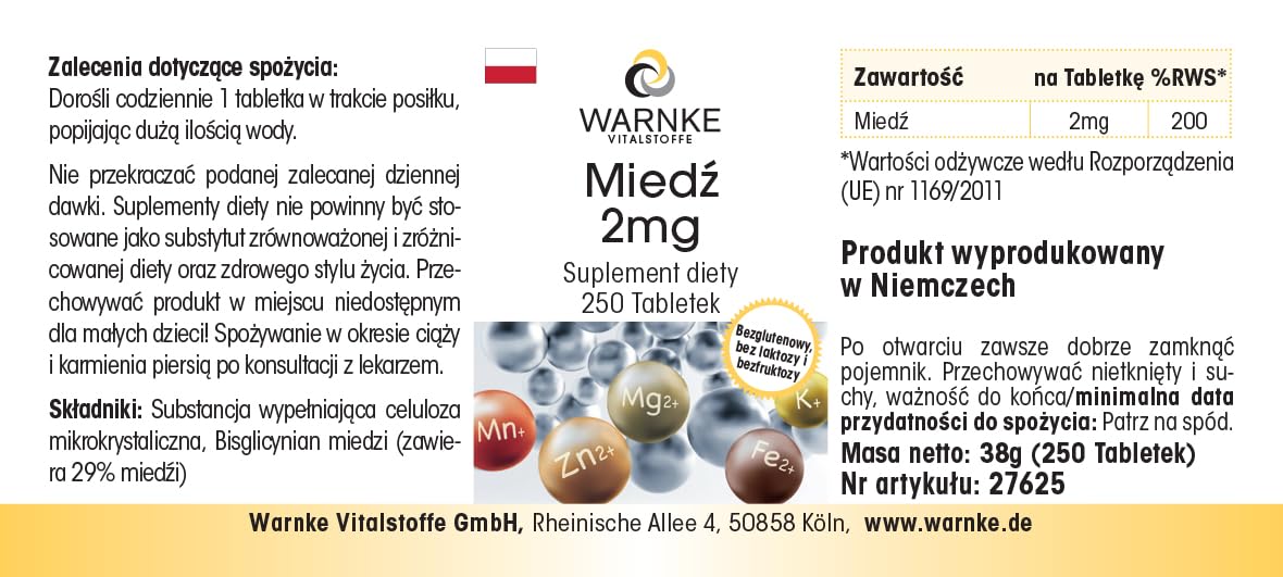 Rame 2mg - 250 compresse, ciascuna contenente 2mg - Bisglicinato di rame - ALTO DOSAGGIO - Qualità farmaceutica tedesca - vegano | Warnke Vitalstoffe