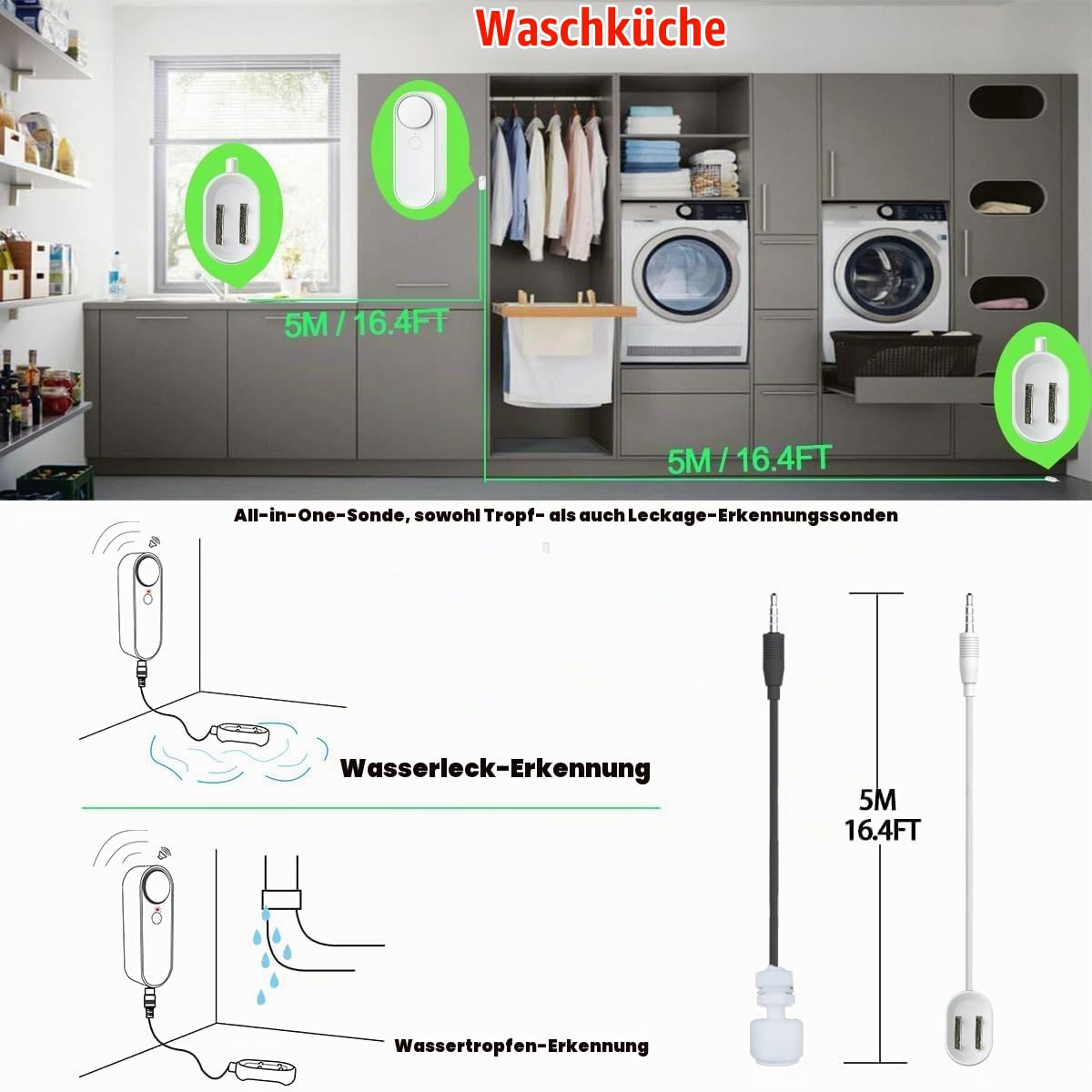 WiFi Wasserleck mit Wasserstand 2 In 1 Detektor, Intelligente Wassersensor Alarme, Getrennte 5M Dual Detection Line, Links und Rechts Dual Alarme, Remote App Überwachung,AAA Batteriebetrieben
