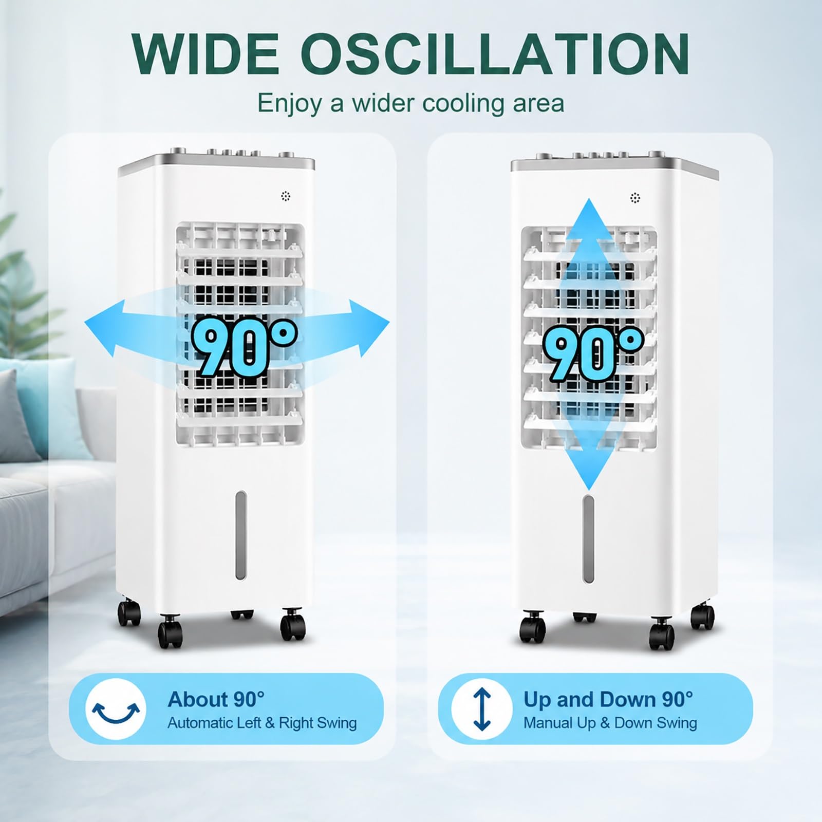 Raffrescatore Evaporativo Portatile con 8 Ghiaccioli, 3 Velocità, Doppio Serbatoio d’Acqua, Oscillazione 90°, Dispositivo di Raffreddamento Personale per Camera, Ufficio e Soggiorno