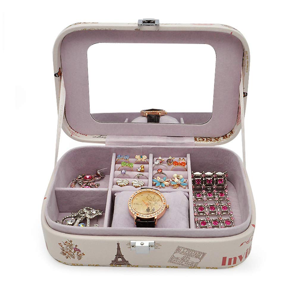 LeatherJewelry Box for Ring Earrings Necklaces Watch with Mirrorand Eiffel Tower Pattern, Portable,A