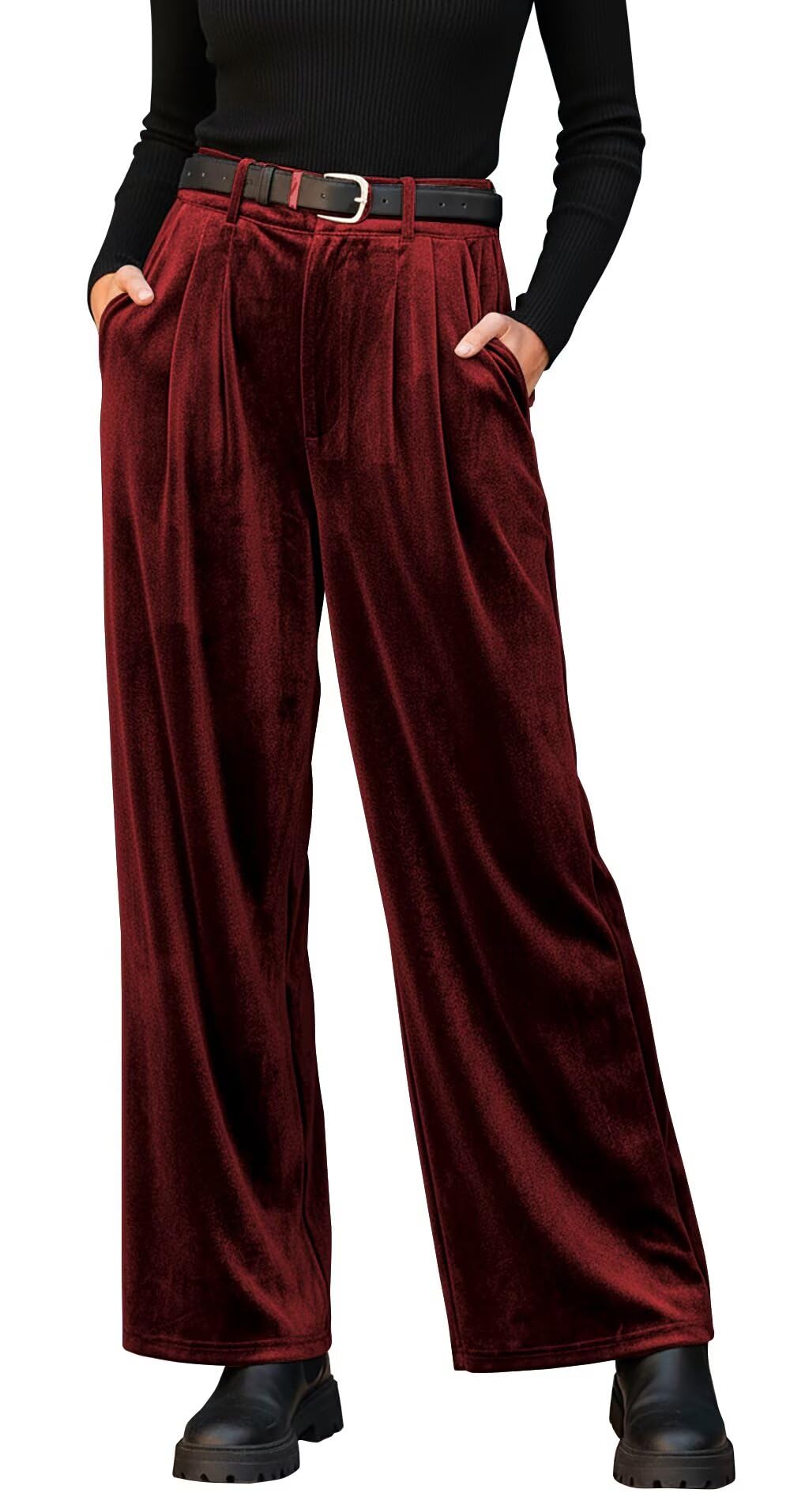 Womens Velvet Pants High Waist Casual Wide Leg Pants with Pockets Classic Fit Winter Work Dress Pants