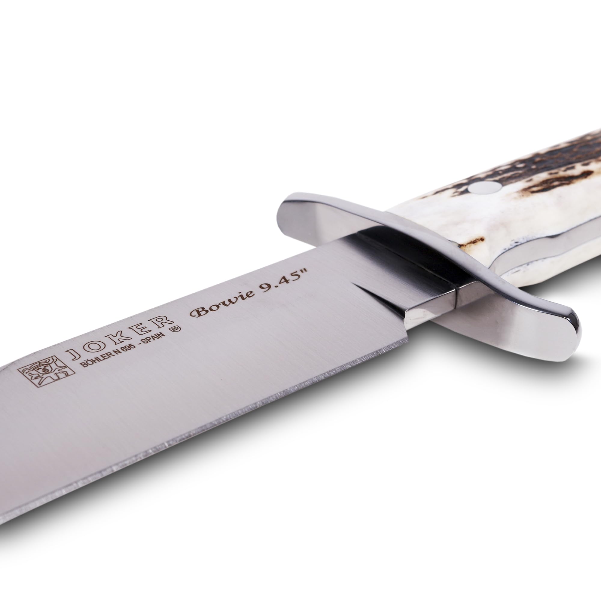 Joker Bowie Jagdmesser 9,45” CC139 mit Edelstahl-Schutz, Hirschhorngriffen, gerader Klinge von 23,5 cm, 554 gr, brauner Lederscheide, Werkzeug zum Angeln, Jagen, Campen und Wandern