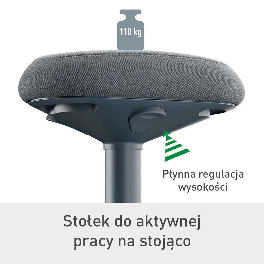 Stołek Leitz Ergo Active z Unikalną Komfortową Poduszką z Pianki o Podwójnej Gęstości, Regulowana Wysokość od 57 do 82cm, Siedzisko w 100% z Recyklingu, Udźwig 110kg, Seria Ergo, Ciemnoszary, 65450089