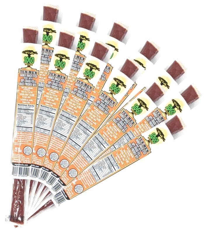 Spicy Habanero Tex-Mex, Sogo Snacks, 100% Grass Fed Beef Sticks. No Sugar, Nitrates, Nuts, MSG. Non-GMO. Gluten Free Beef Jerky. Soy Free, Dairy Free Snacks. Paleo & Keto Snack (Tex-Mex, 24 Cnt)