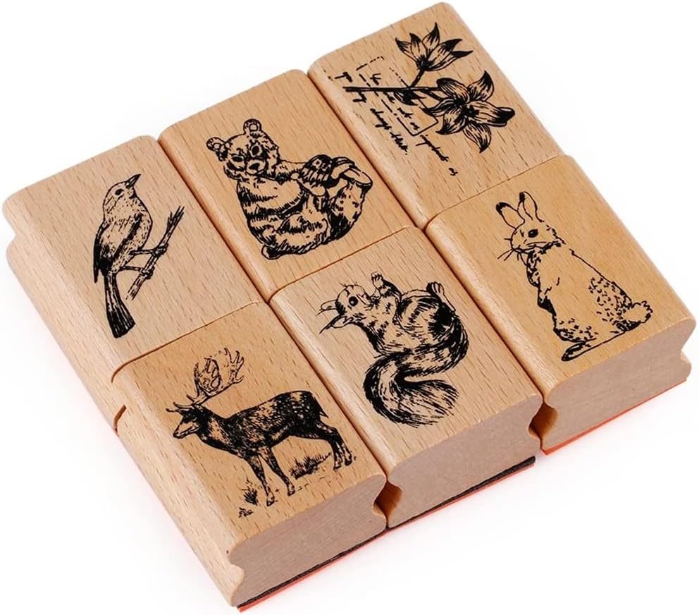 Tvoip 6Pcs Stylish Vintage Cute Animal Plant Wooden Rubber Stamps Scrapbooking Painting Cards Deer Panda Rabbit Flower Decor DIY Craft