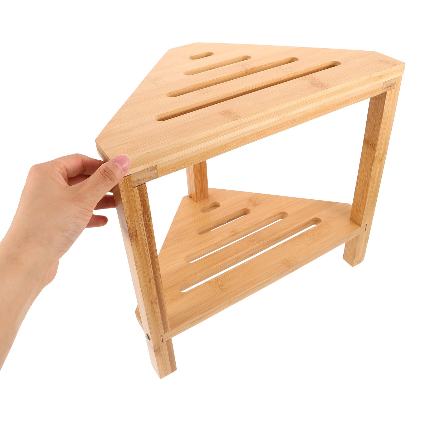 KICHOUSE Bamboo Shower Bench with Storage Shelf Shower Stool for Legs Shaving with Non-slip Base Corner Bathroom Organizer for Extra Space