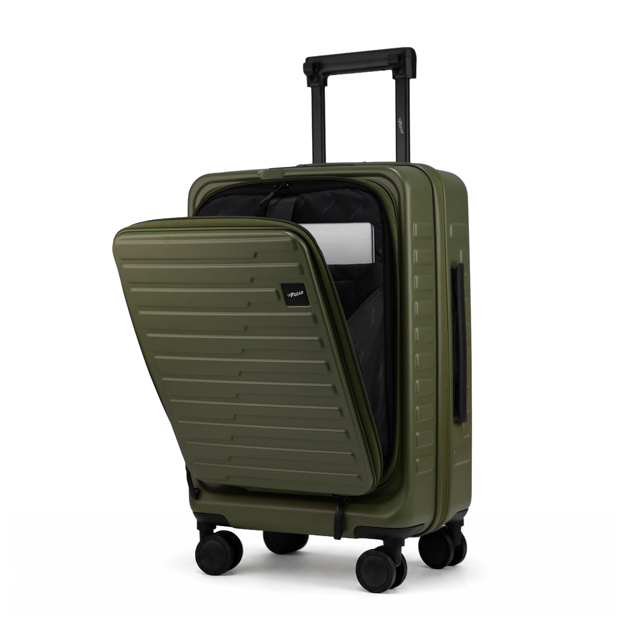 Sedona Small Cabin Pro 54cm German Polycarbonate Hard Luggage|8 Japanese Hinomoto Silent Wheels| USB & Type-C Charging, Phone Stand & Cup Holder | Front Opening Suitcase for travel (army Green)