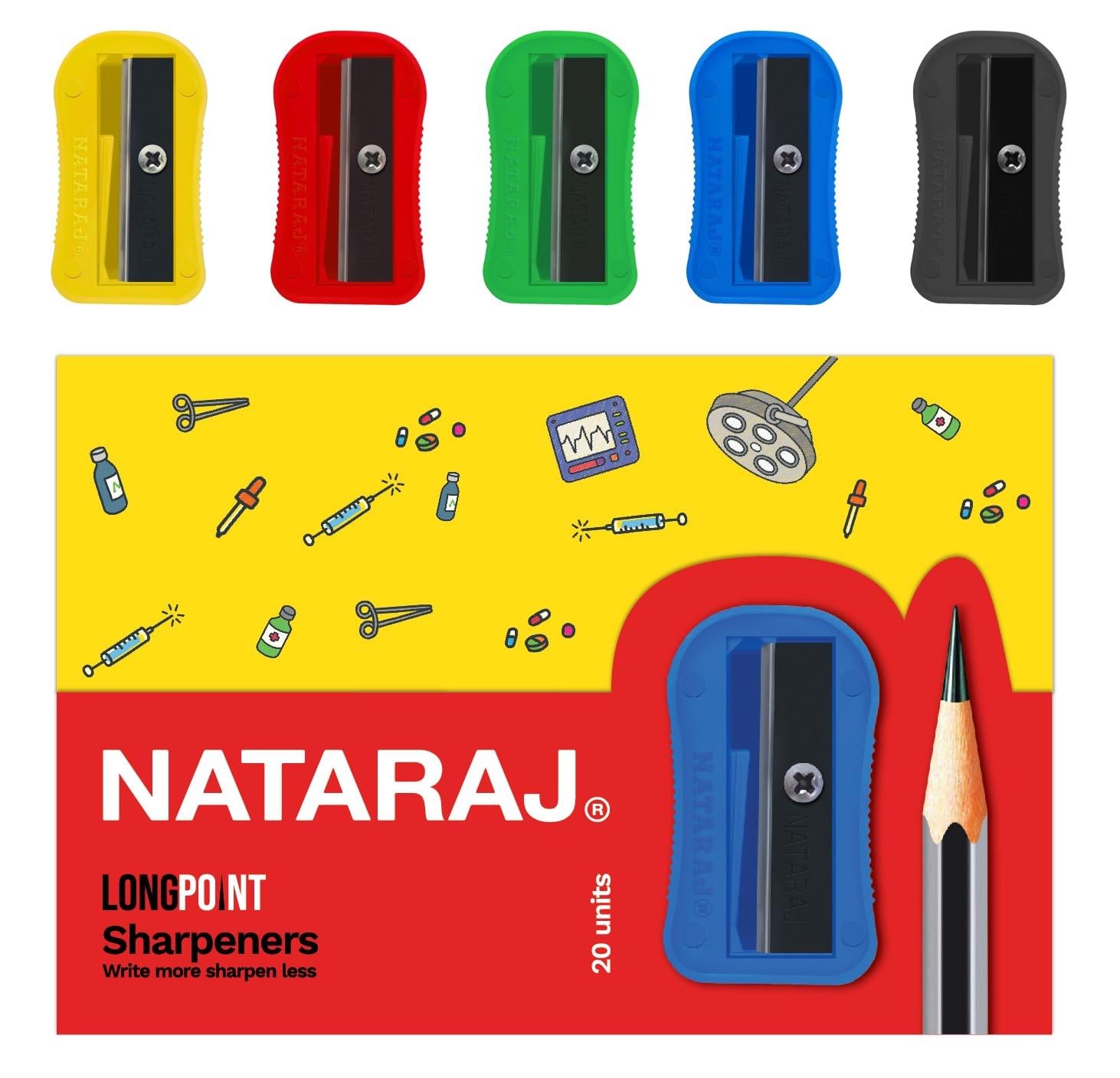 NATARAJ Pencil Sharpeners Assorted Colours School College Home Art (Long Point (Box of 20))