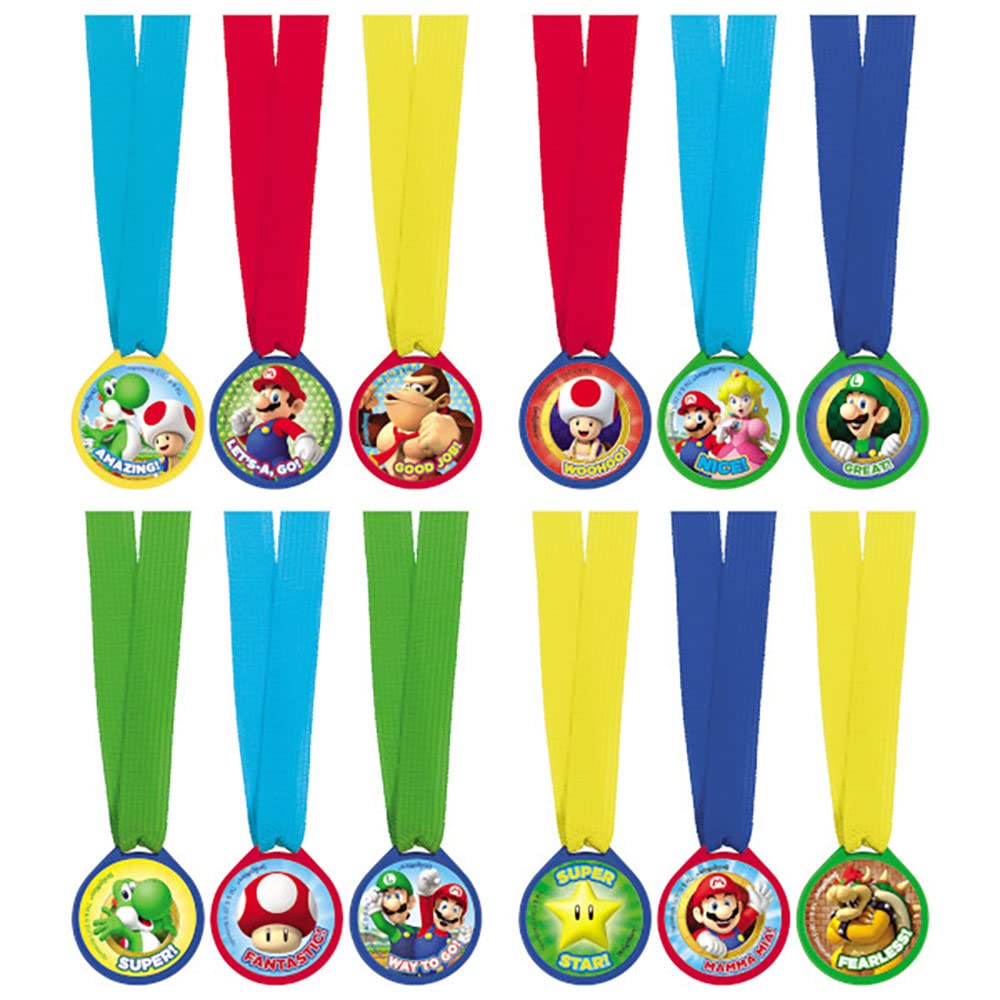 (1) - Super Mario Brothers Birthday Party Assorted Colours Mini Award Medal Favours, Plastic, 2.5cm , Pack of 12