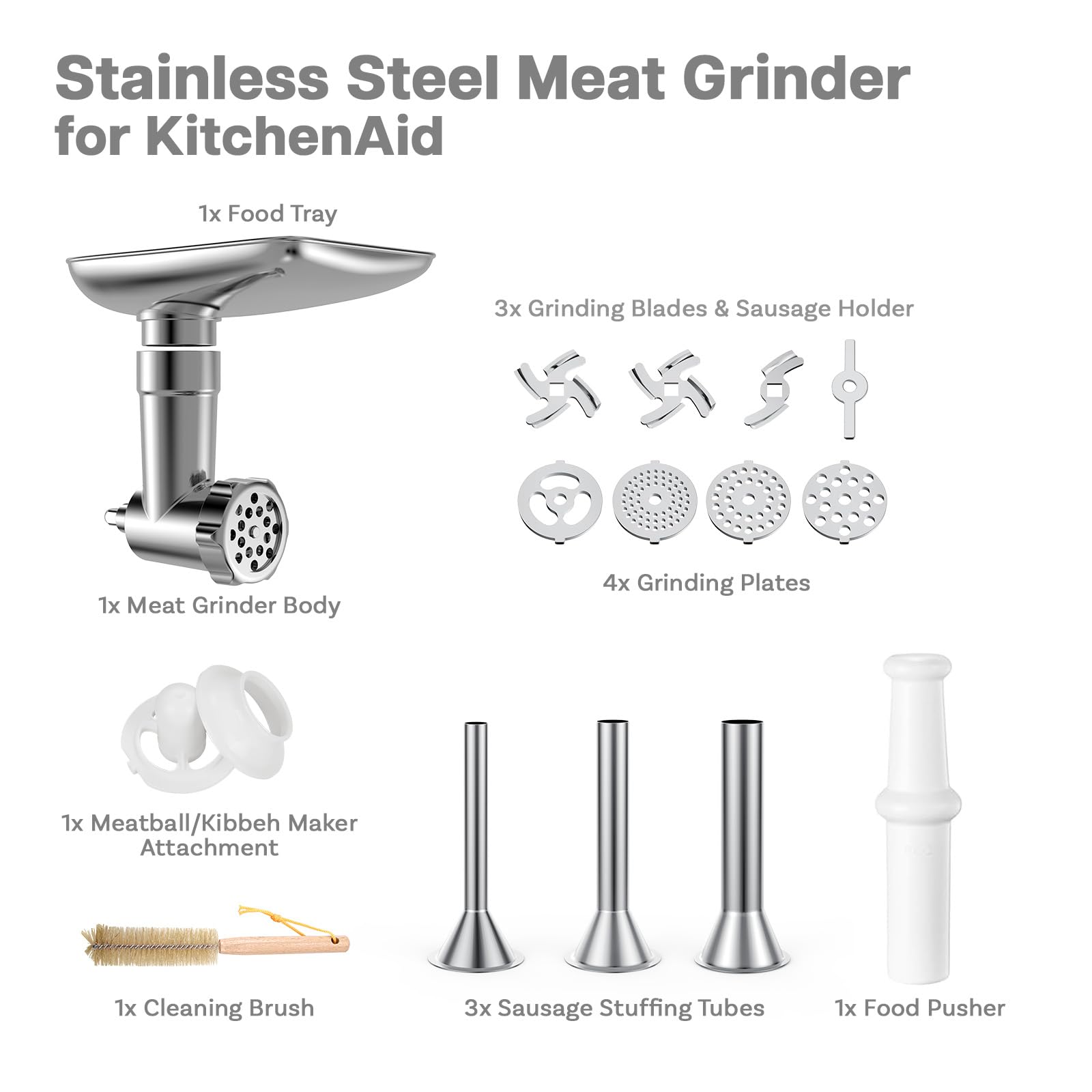 Akcesoria do rozdrabniania mięsa RVS pasujące do blendera kuchennego KitchenAid, akcesoria do urządzeń kuchennych z 4 tarczami mielącymi, 3 foremkami do kiełbasek, 2 ostrzami mielącymi i 1 foremką do