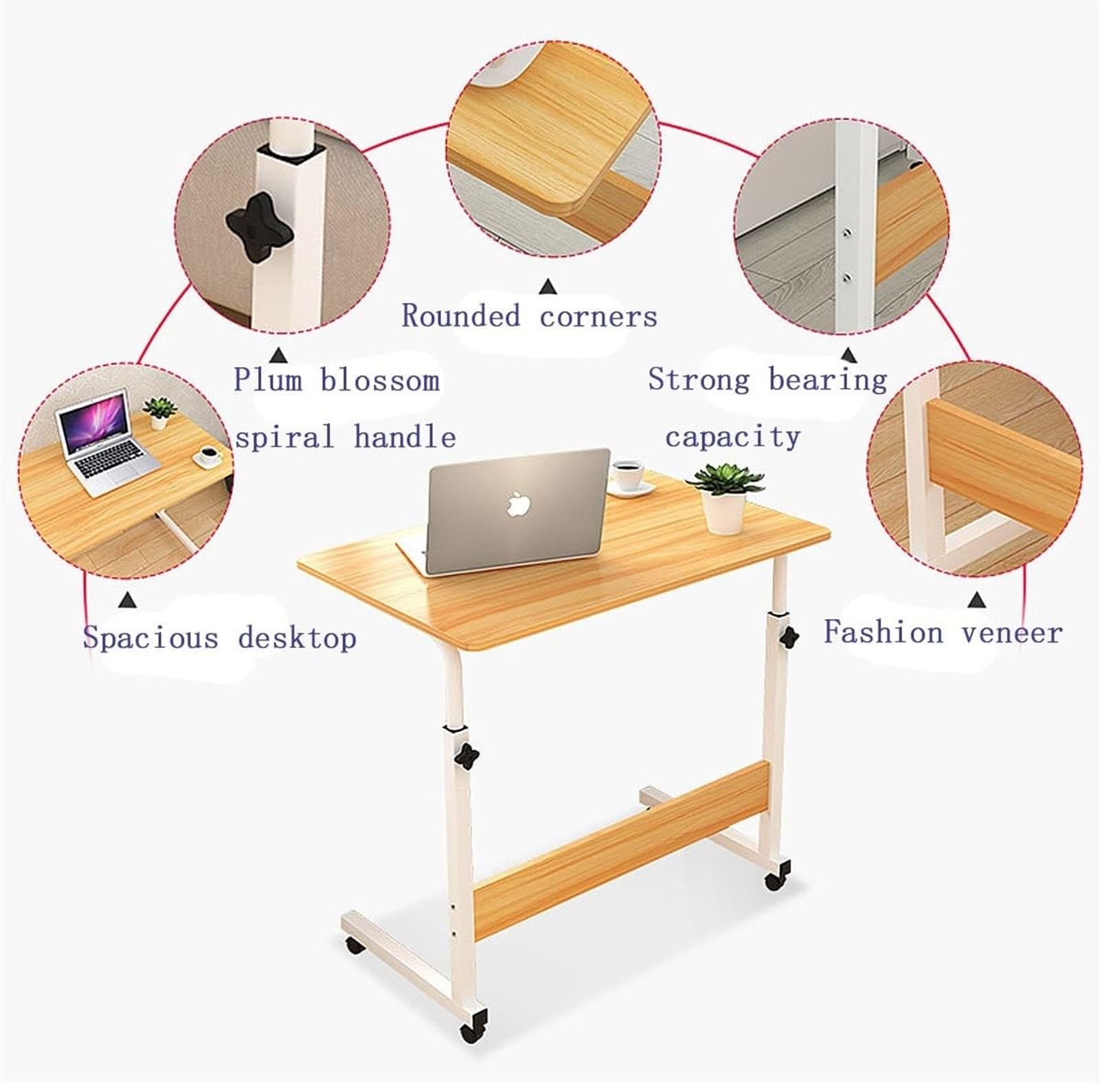 Naohfofha Tavolino Portatile Regolabile – 60x40 Cm, Altezza 61-95 Cm, Con Ruote Frenabili, Per Letto E Divano