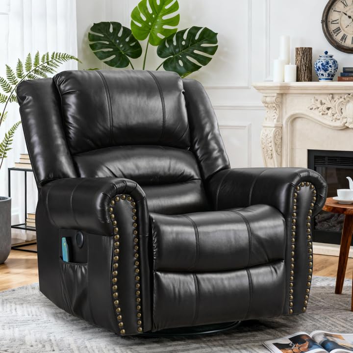 SOCIALCOMFY Swivel Rocker Recliner Chair with Heat and Vibration, 360° Swivel Glider Rocker Manual Reclining Chair, Massage Rocking Recliners with