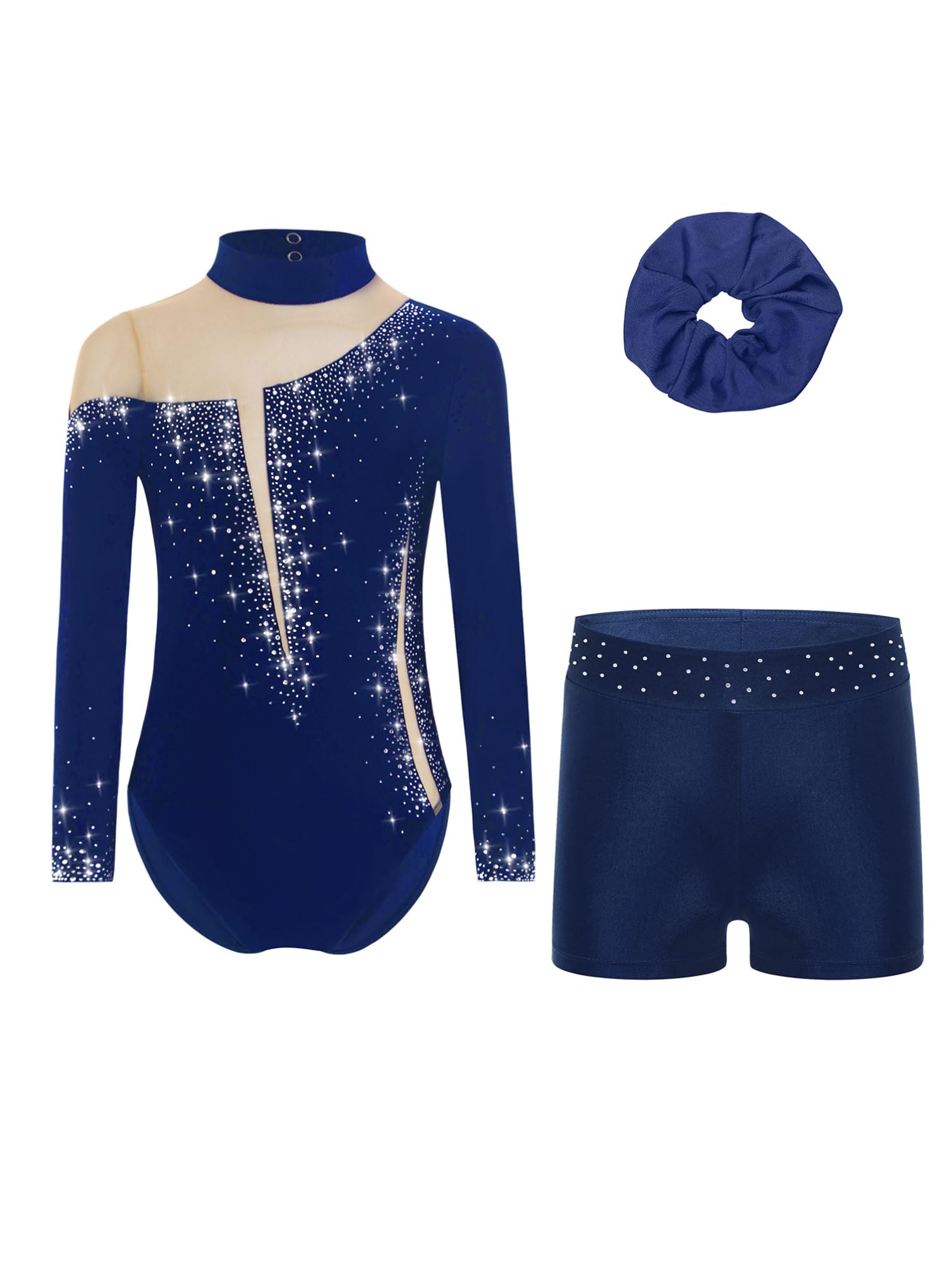 dPois 3 Pièces Enfant Fille Ensemble de Gymnastique Justaucorps Strass Short et Elastique Chouchou Spectacle 5-16 Ans