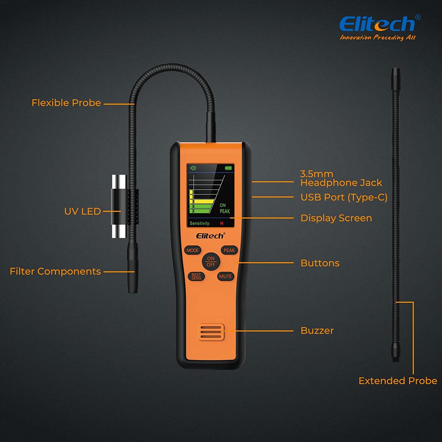 Detector de Fugas de refrigerante Elitech IR-200 2 en 1 Probador de Alta sensibilidad con Sensor Dual de diodo infrarrojo y calentado Vida útil de 10 años