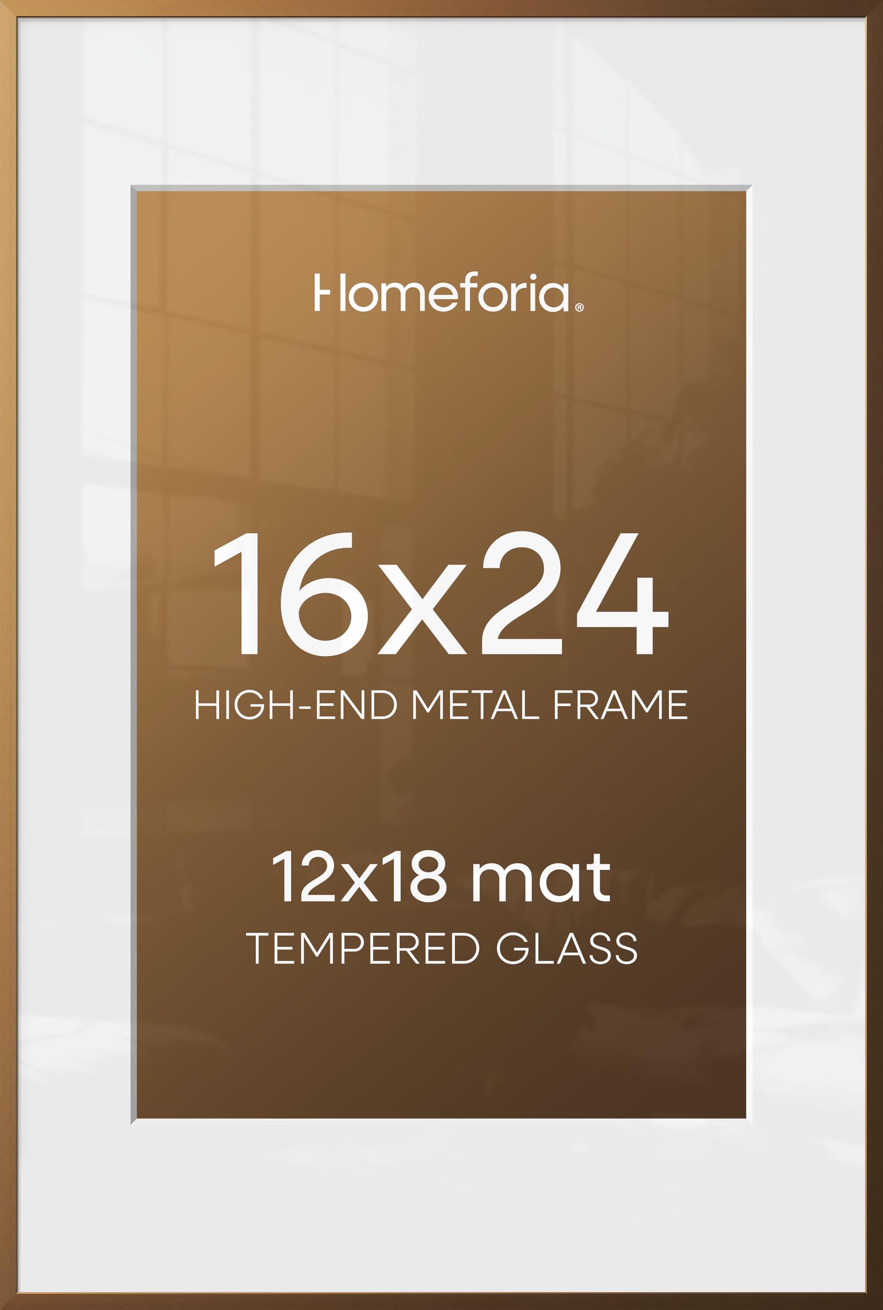 Homeforia 16 x 24 Bronze Frame, High End Metal 16x24 Brass Picture Frames with Mat 12x18 Photo, 16 x 24 Poster Frames Matted to 12 by 18 Print, 24x16 Hanging Frames, Tempered Glass, Wall Kit, Set of 1