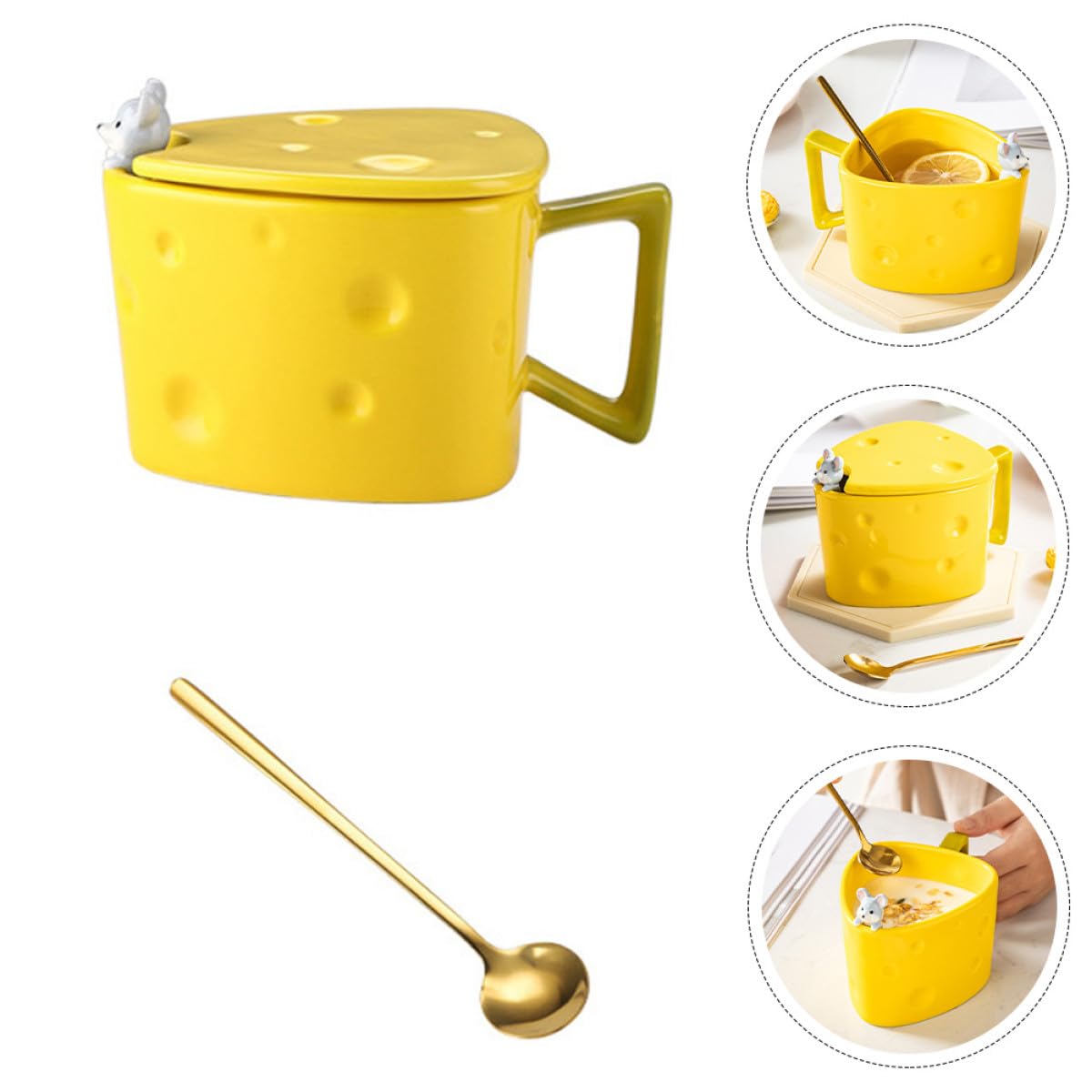 MAGICLULU Keramik Kaffeebecher mit Griff und Deckel Käseförmige Tasse aus Edelstahl und Keramik Leicht zu Reinigen für Frühstück und Balkon