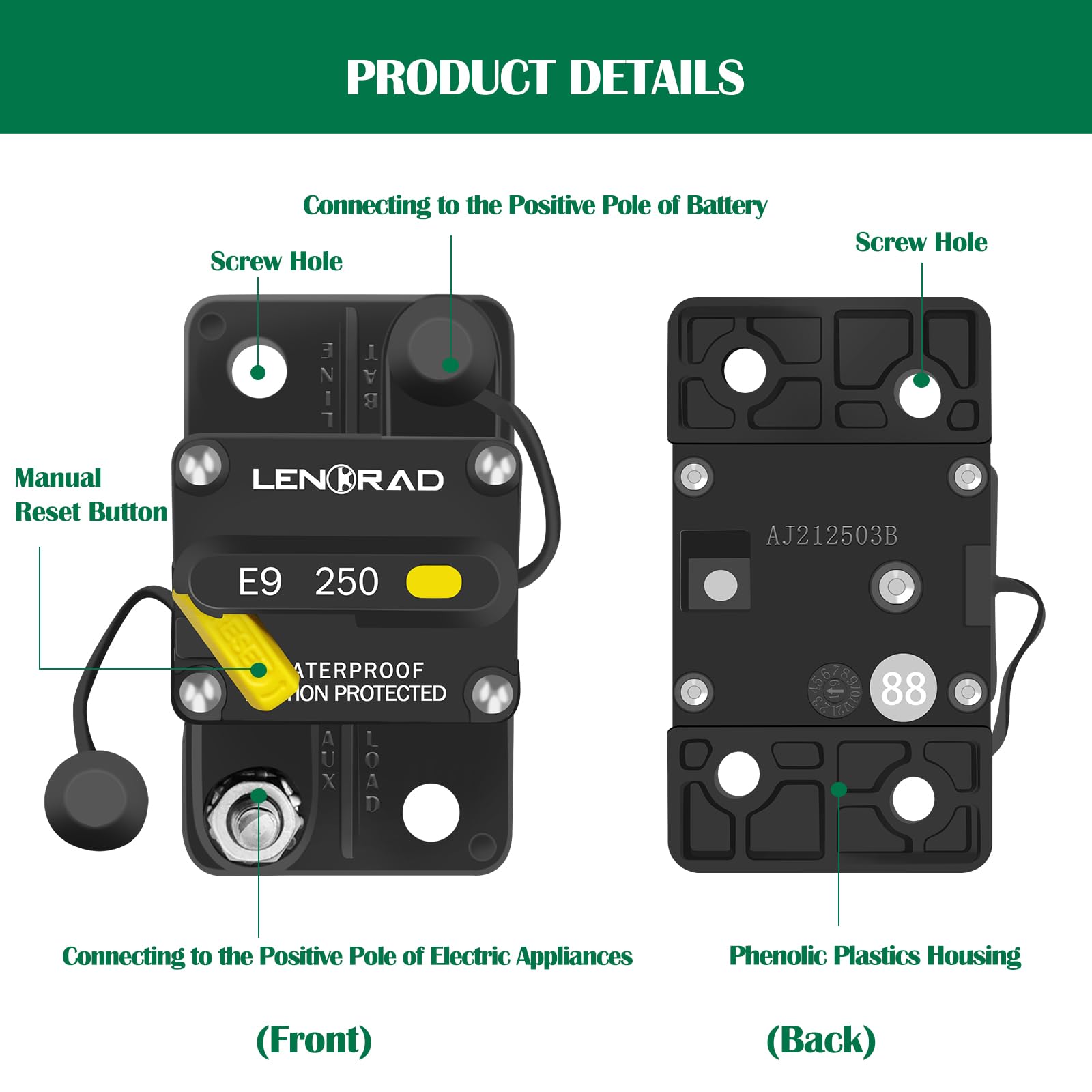 LENKRAD Disyuntor de 250 Amp con botón de reinicio manual para caravana, yate, 12 V – 48 V CC, impermeable, montaje en superficie