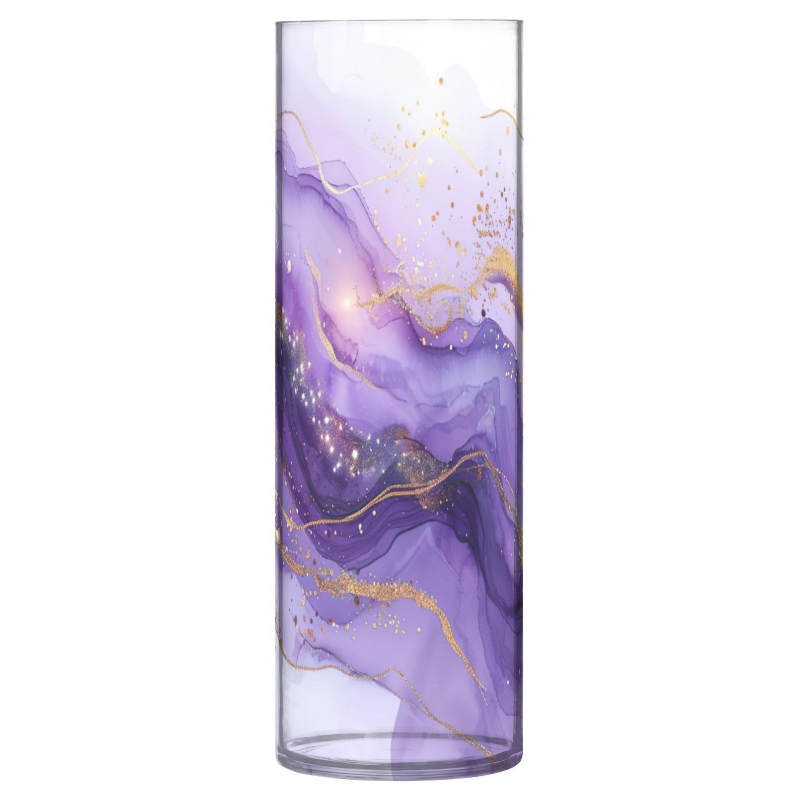 Skyshu Purple Marble Plastic Cylinder Flower Vase For Plants Bouquet, 1 Pack Unbreakable Tall Clear Vase For Wedding Centerpieces Home School Office Decor, 11.8 X 3.9 Inch