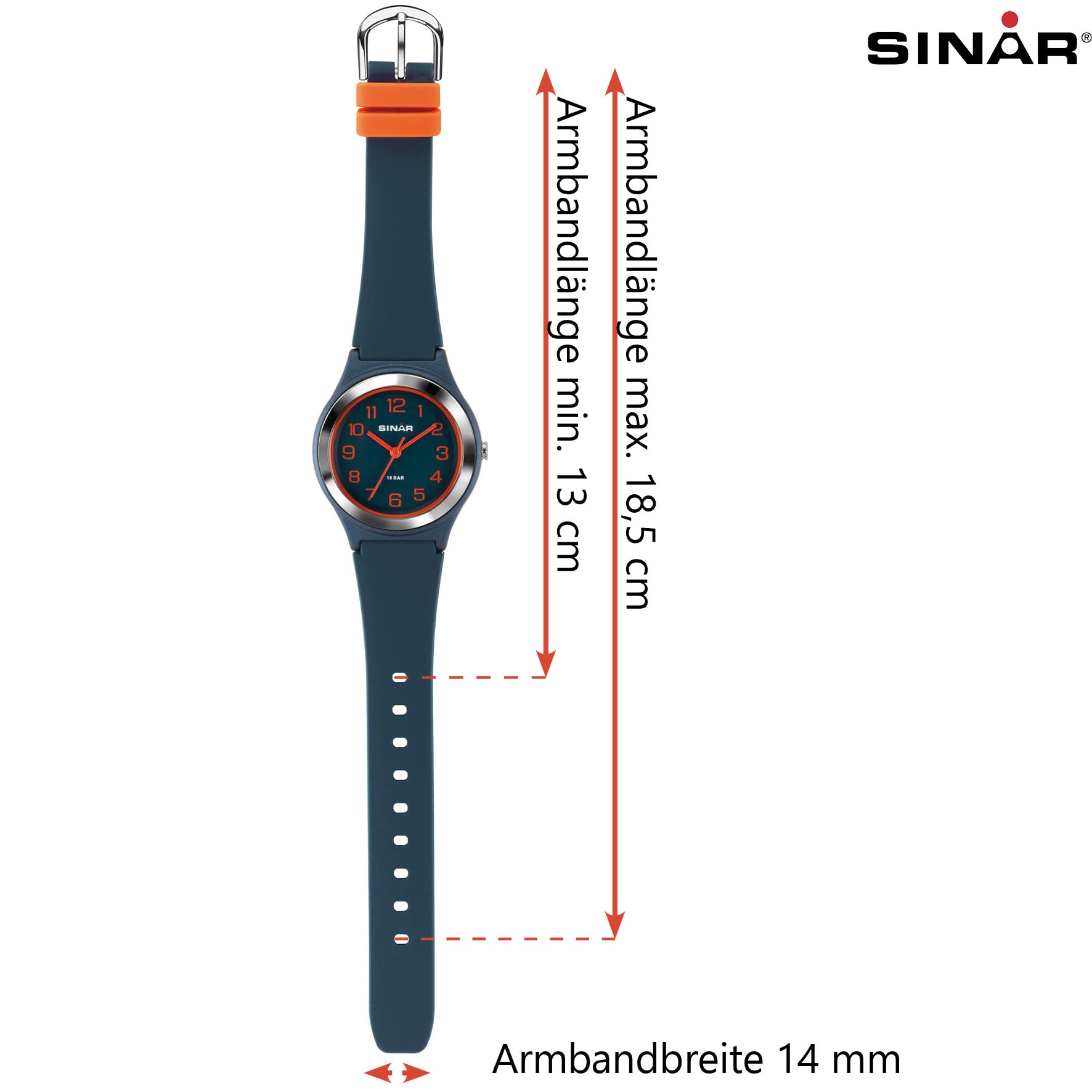 SINAR XB-48-12 Reloj de pulsera para niños analógico cuarzo 10 bar resistente al agua correa de silicona azul oscuro naranja