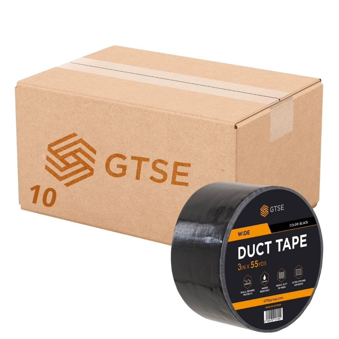 GTSE 10 Rolls 75mm x 50m, Wide Black Duct Tape 3โ Waterproof Strong Adhesive Gaffer Tape for Patching, Sealing, Securing Cables and Labelling, Heavy Duty Tape