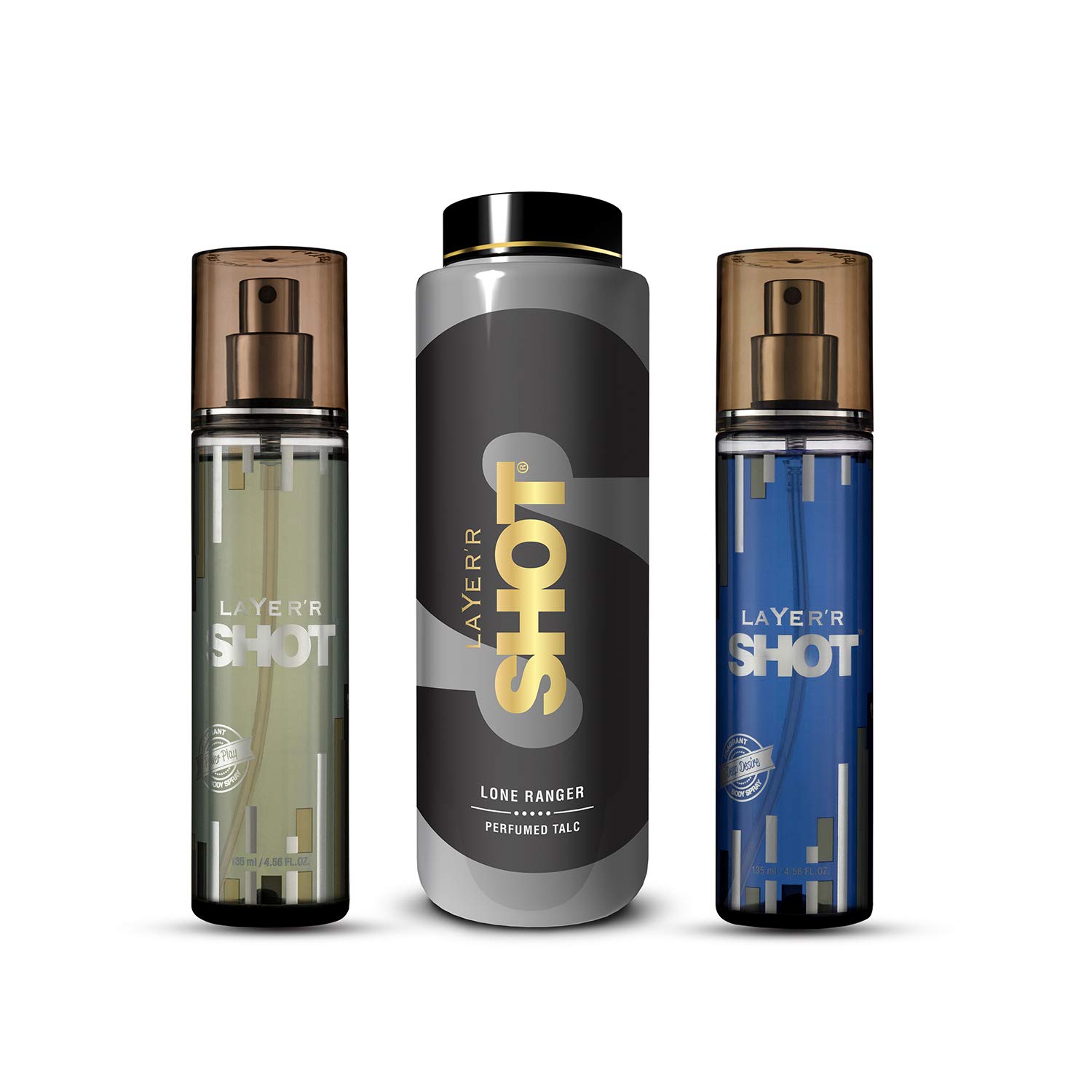 Layer'r Shot Fragrant Body Spray for Men- Pack of 3 | Power Play (135ml), Deep Desire(135 ml) & Perfumed Talc (100g) | Long-Lasting & Skin-Friendly Premium Fragrance | Perfect For All Occasions | Ideal Gift For Men