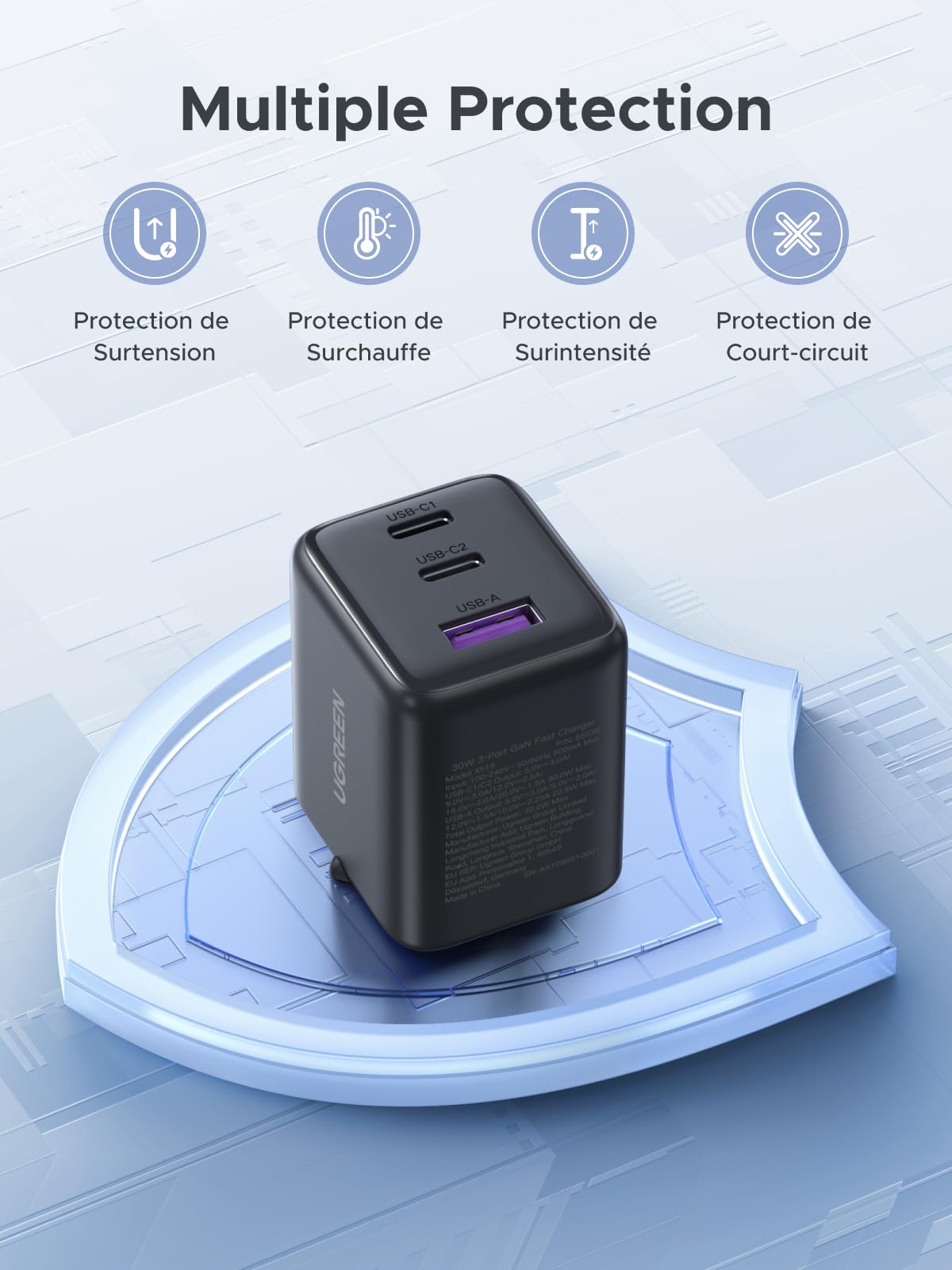 UGREEN Zapix 30W Chargeur USB C Rapide iPhone 3 Ports GaN Prise Secteur Compatible avec iPhone 17 Pro Max Air 16 15 14 Plus Pixel 9 8 Pro Galaxy S25 S24 S23 Ultra A57 A76 iPad MacBook Air Neo(Noir)
