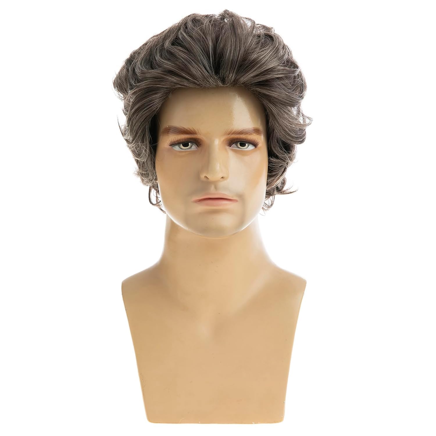 Qnbiar Mens Wig Mixed Brown Short Wavy Layered Hair Synthetic Cosplay Party Wig,Brown Mixed Gray - Image 2