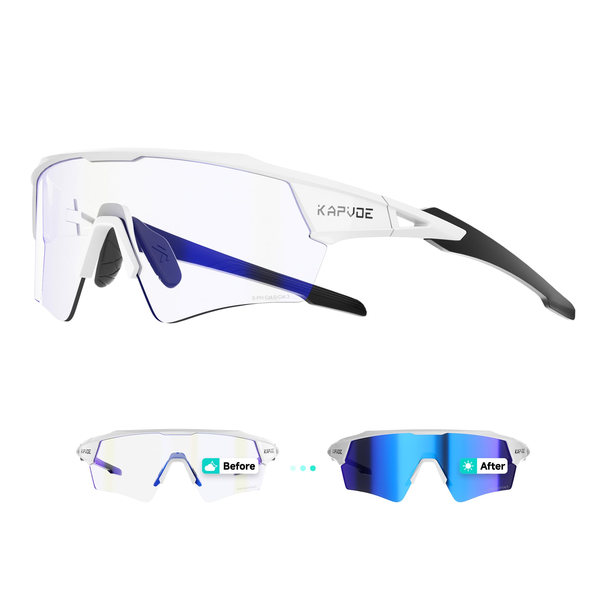 KAPVOE Occhiali da Ciclismo Fotocromatici Shadowless UV400 Uomo Donna K198