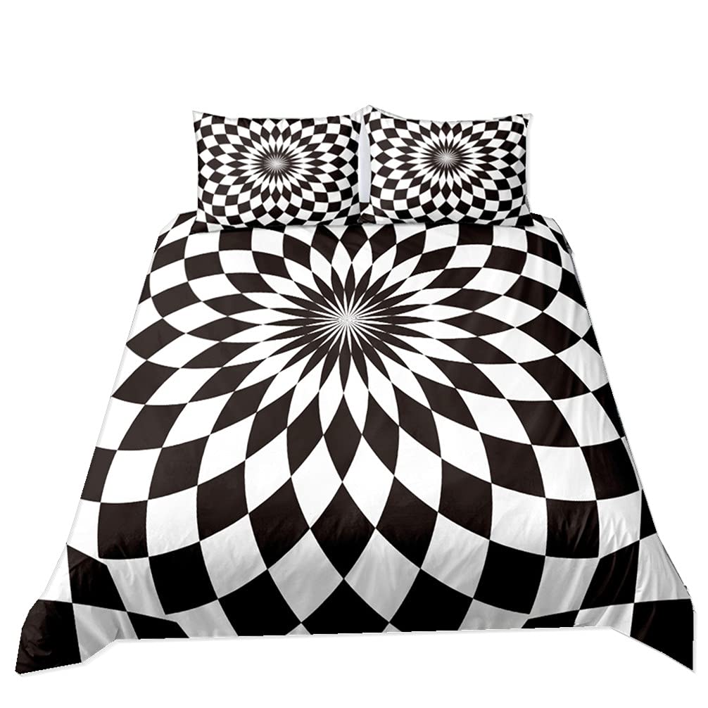 Czarno-biały zestaw pościeli 3D jednolity geometryczny romb mozaika wir gęsty okrągły nadruk o strukturze plastra miodu super king size poszewka na kołdrę 230 x 260 i 2 poszewki na poduszkę