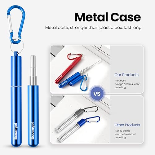 Miniatura 3 de Cruise Ship Essentials, paquete de 4 popotes plegables reutilizables de acero inoxidable con estuche de aluminio, cepillo de limpieza y llaveros