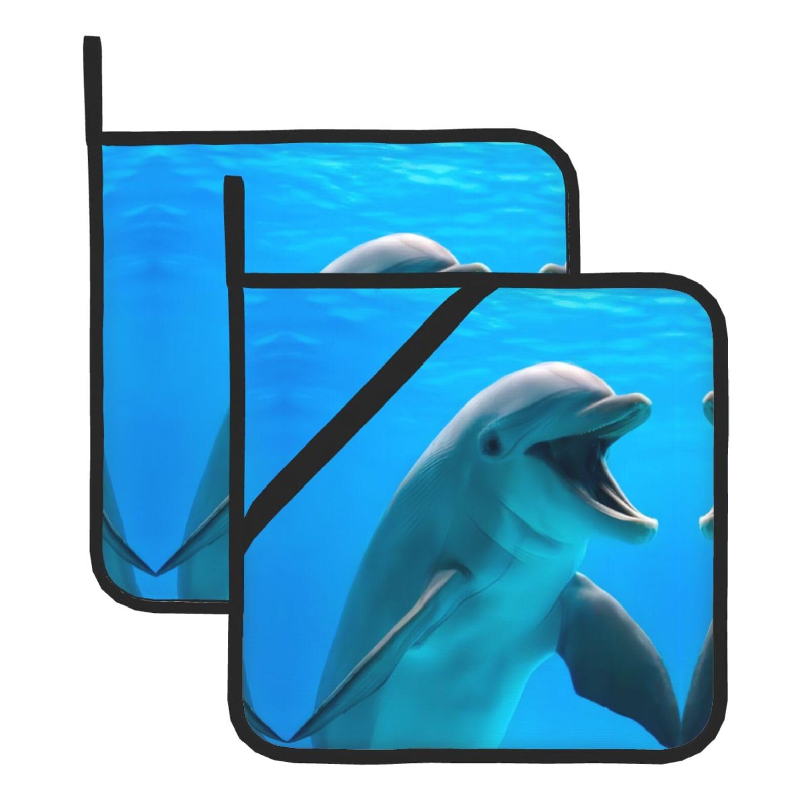 WHJSSF Happy Dolphin Prints Square Pot Holders - Heat Resistant Kitchen Trivets 2-Pack - Waterproof Covers for Hot Dishes, Oven & Grill with Hanging Loop