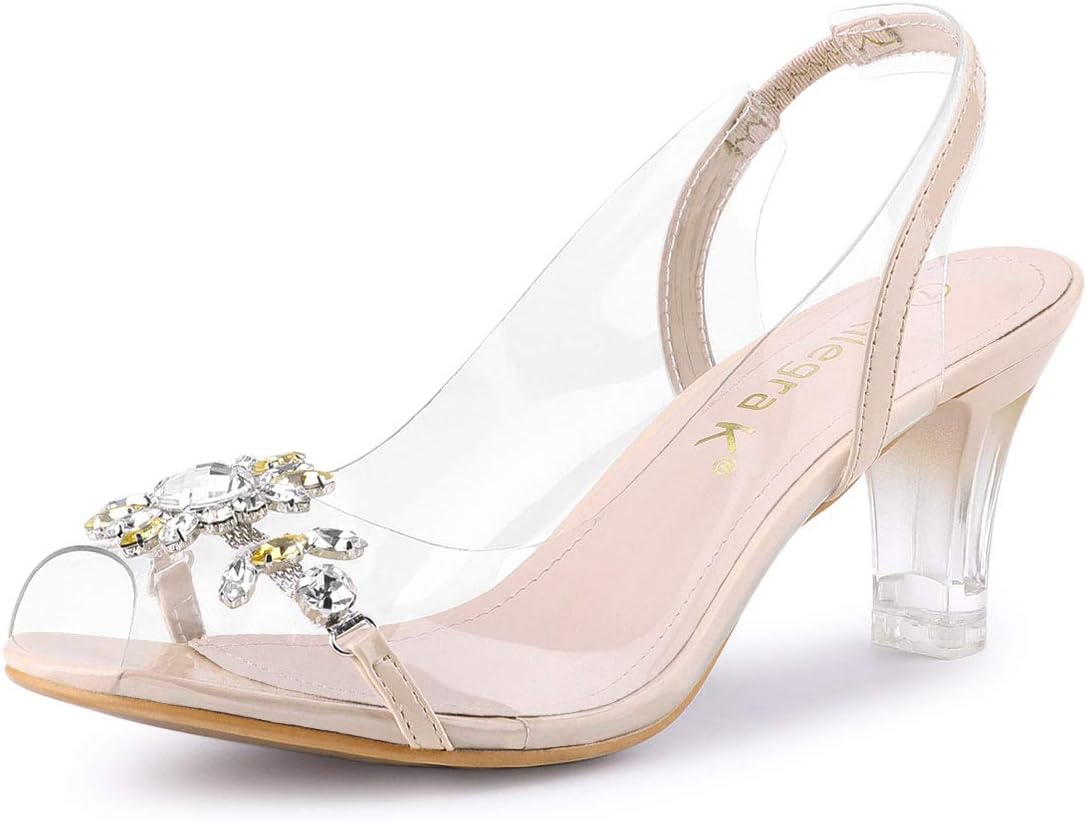 Allegra K Women's Clear Slingback Flower Rhinestone Peep Toe Beige Heels Sandals 6.5 M US