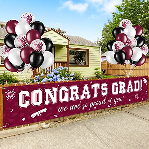 Image of 37Pcs Graduation Banner Balloon Decorations Class of 2026, Congrats Grad Banner Yard Outdoor Decorations, Graduation Balloons Banners Set for High School College Grad Party Supplies, Maroon
