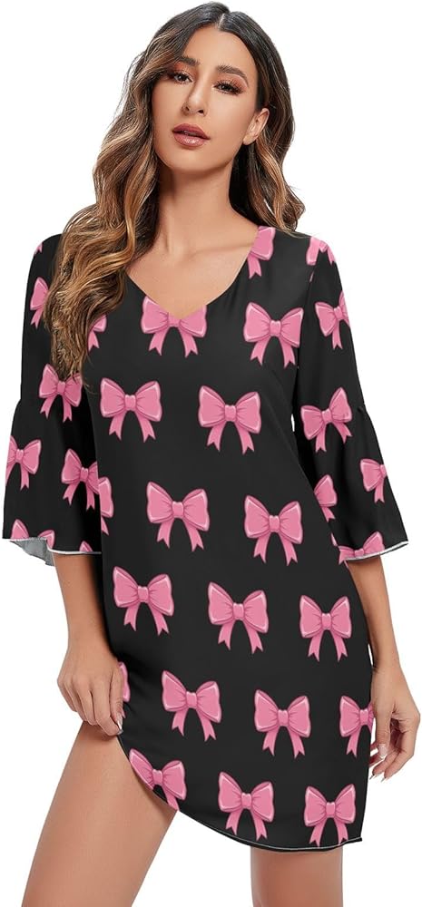 FLildon Women Chiffon Dress Elegant Bows Pink Black 3/4 Sleeve V Neck Tunic  Dresses Summer Dress at Amazon Women's Clothing store