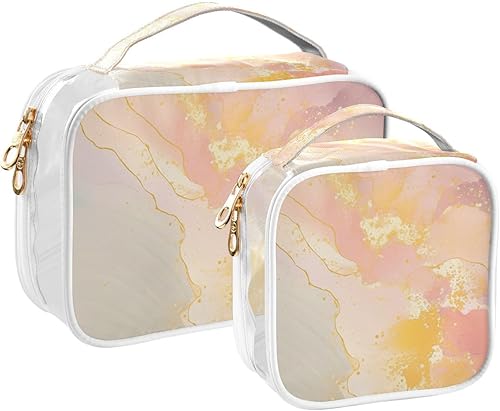 Miniatura 2 de Neceser transparente de mármol amarillo acuarela para viajar, paquete de 2 bolsas de cosméticos de maquillaje con cremallera, bolsa de viaje para