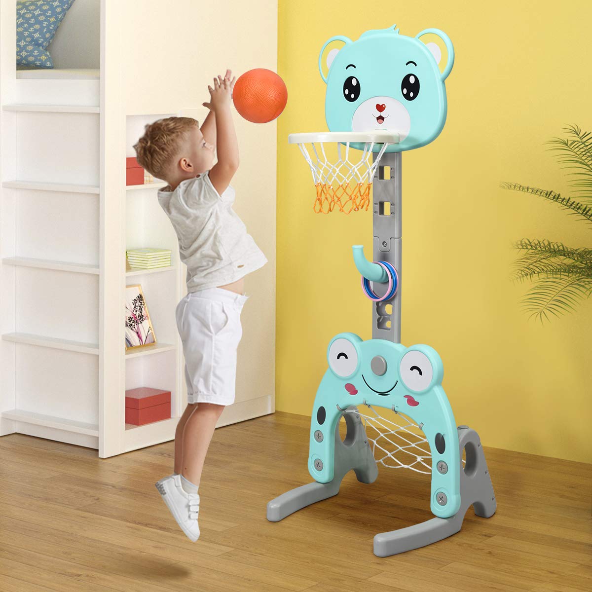 COSTWAY Canestro da Basket, Centro Attività 3 in 1 per Bambini, Canestro da Basket con Porta da Calcio e Gioco degli Anelli, Set Basket e Calcio a Forma di Orso, Ideale per Bambini (Verde)