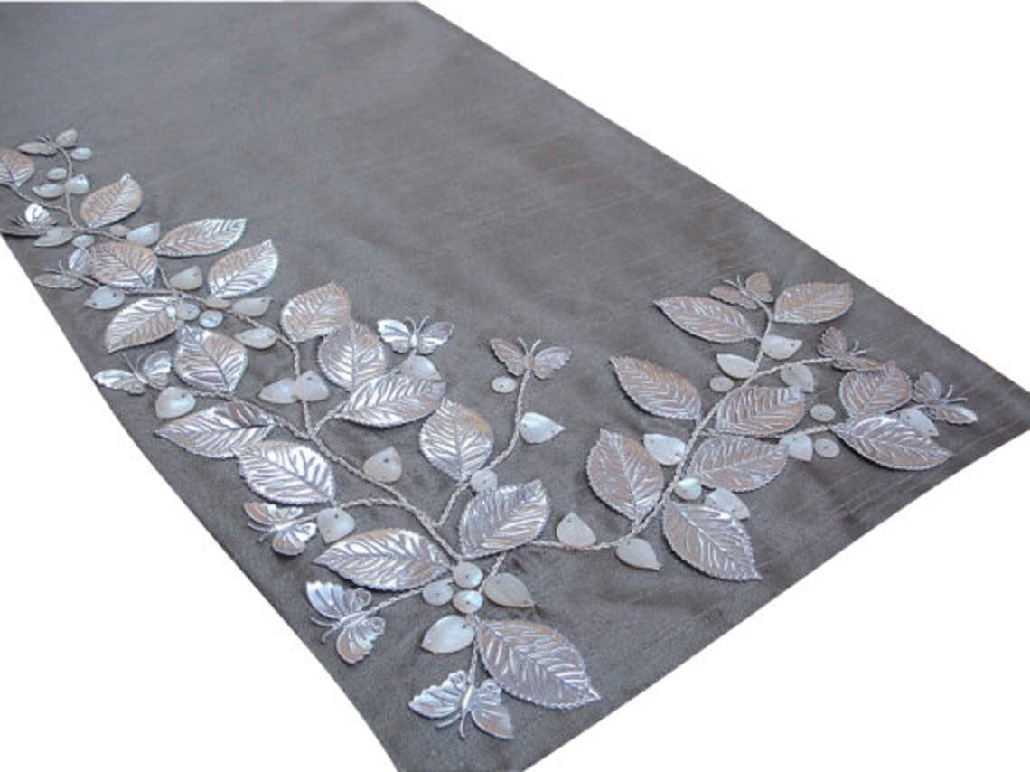 Grey Table Runners 35 x 300 cm, Beaded Table Runner Silver Beautiful Butterfly Mother Of Pearl Embroidered — image 1
