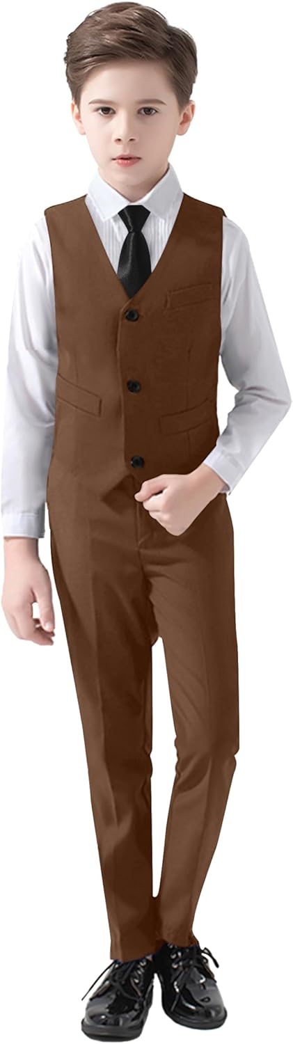 Suit for Boy Toddler Vest Pants Tie Set Slim Outfits for Kids Khaki Brown Suit Size 7 - Image 2