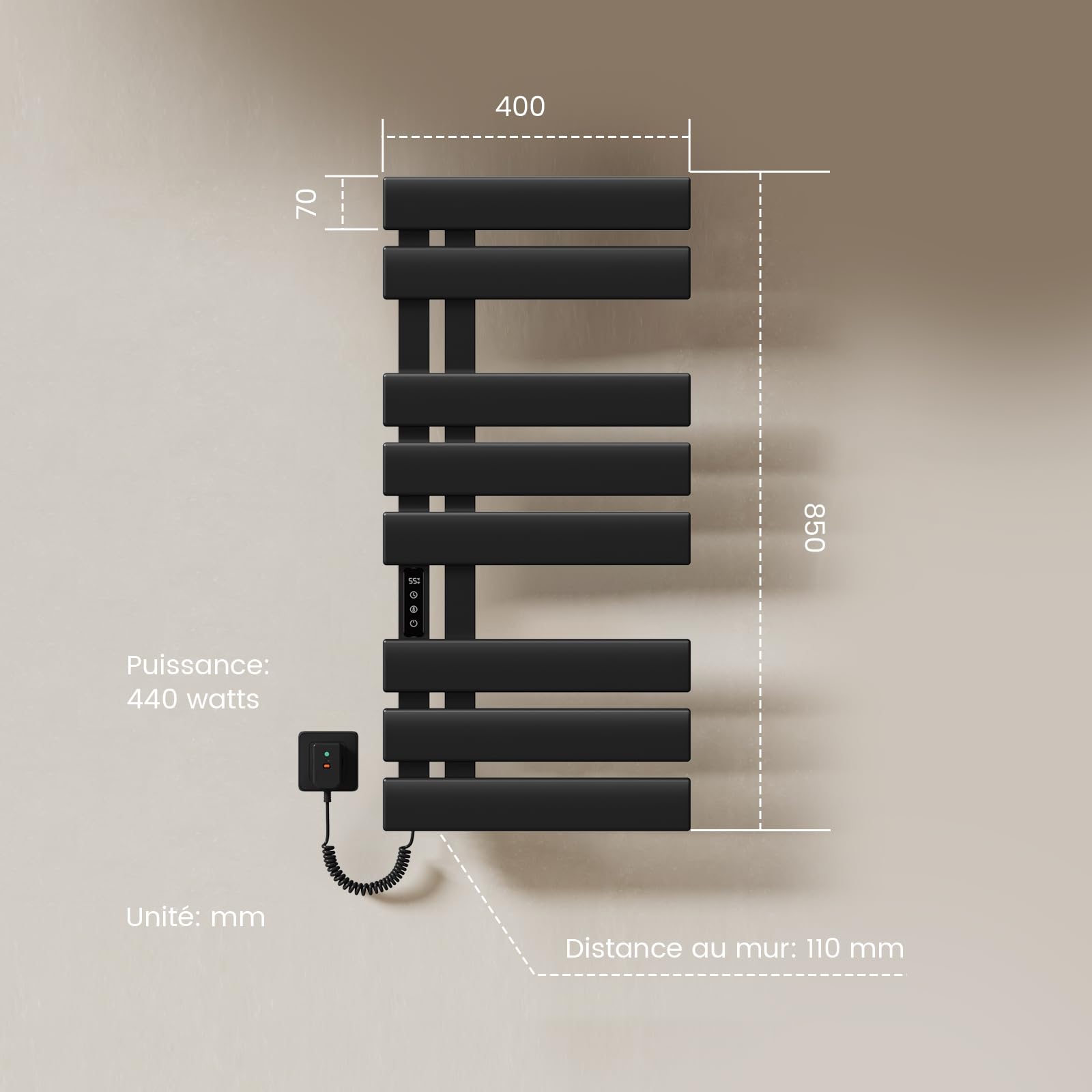 EMKE Sèche-Serviettes Électrique, 850x400mm, 230W, Noir Mat, Côté Gauche | Porte-Serviettes Chauffant,Écran Tactile, Radiateur Sèche-Serviettes Contrôle Wi-FI, Fonction Minuteur