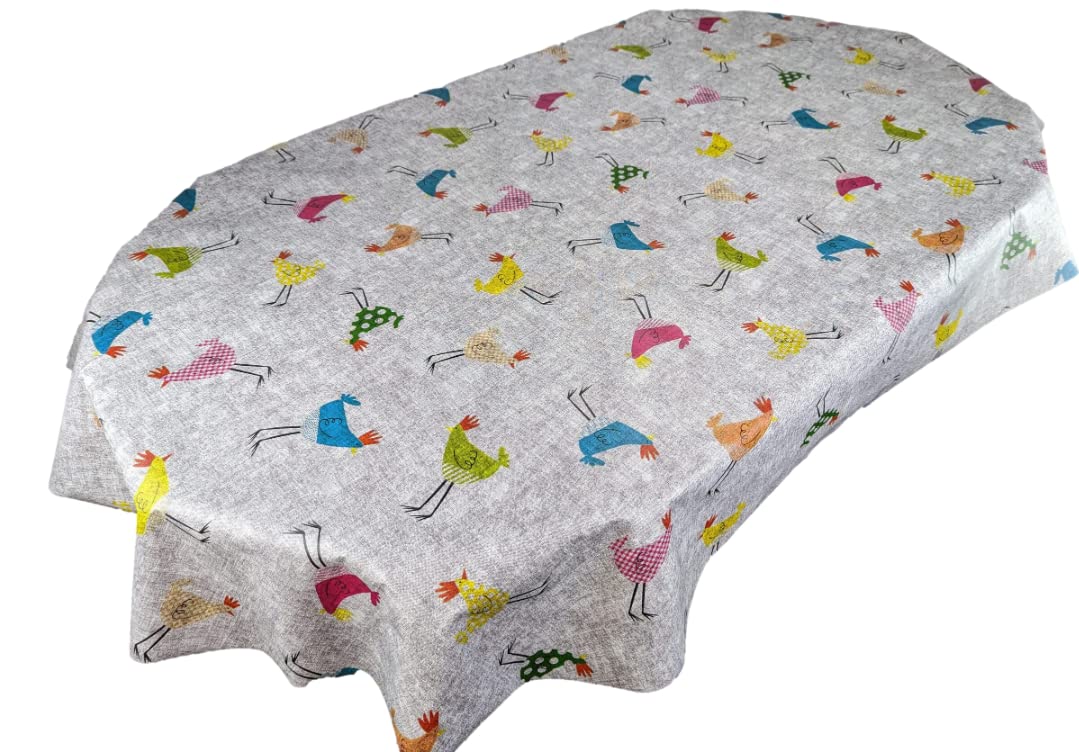 Karina Home Oval Chickens Grey Birds Linen Look Wipe Clean Tablecloth Vinyl PVC Table Cover Wipeable Table Cloth (Oval, 200cm x 140cm)