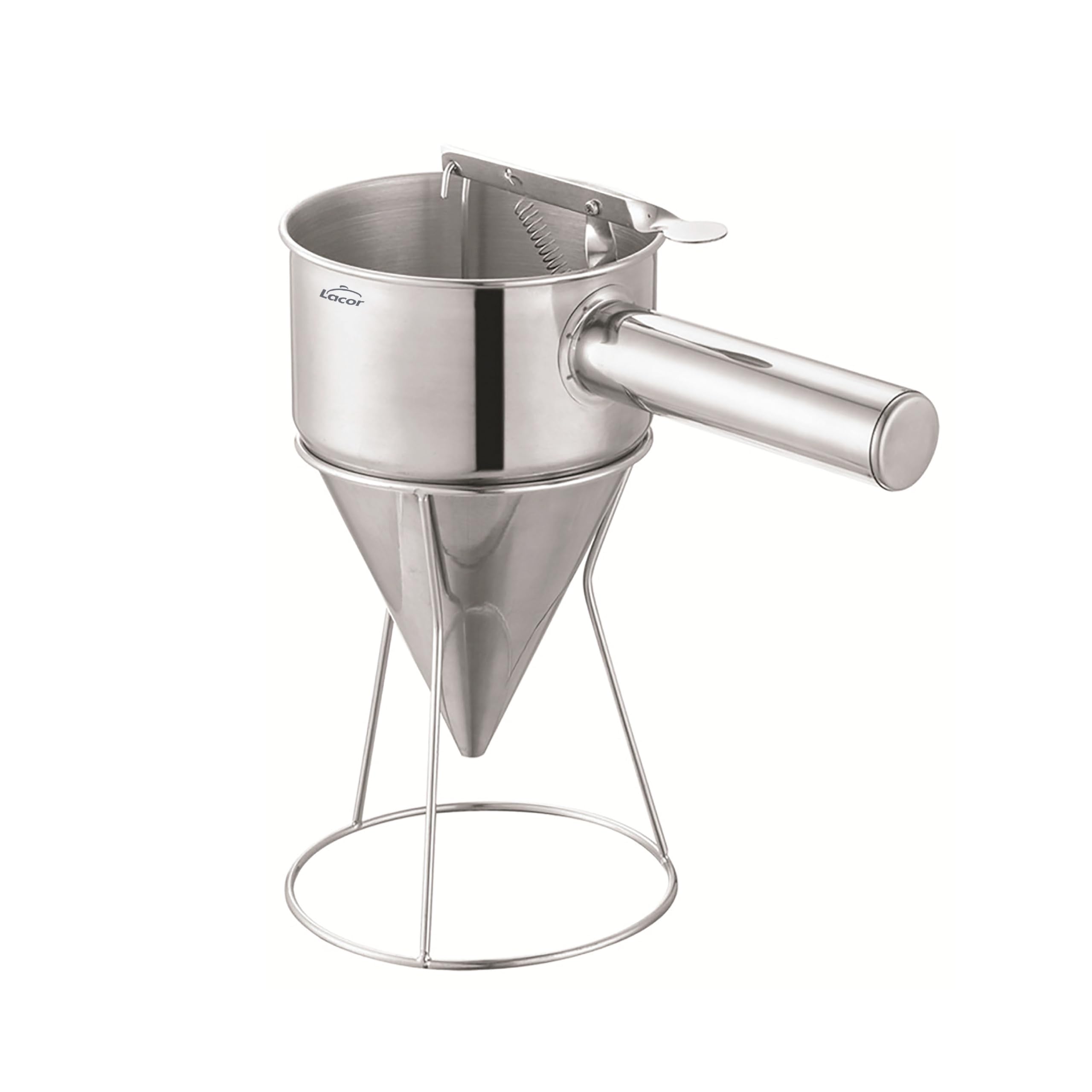 Lacor - 67151 - Dosiertrichter, ideal zum Befüllen oder Dekorieren, Edelstahl 18/10, ergonomischer Griff, 8 mm Auslaufdüse, 1.25 Liter Fassungsvermögen, spülmaschinenfest, inklusive Ständer